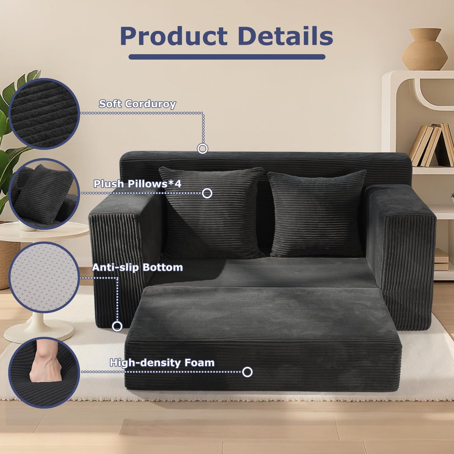 feliz home Convertible Sofa Bed, Boneless Couch Loveseat, 2 in 1 Folding Couch Bed, Fold Out Comfy Floor Futon Sofa with Pillows for Living Room Bedroom, Black