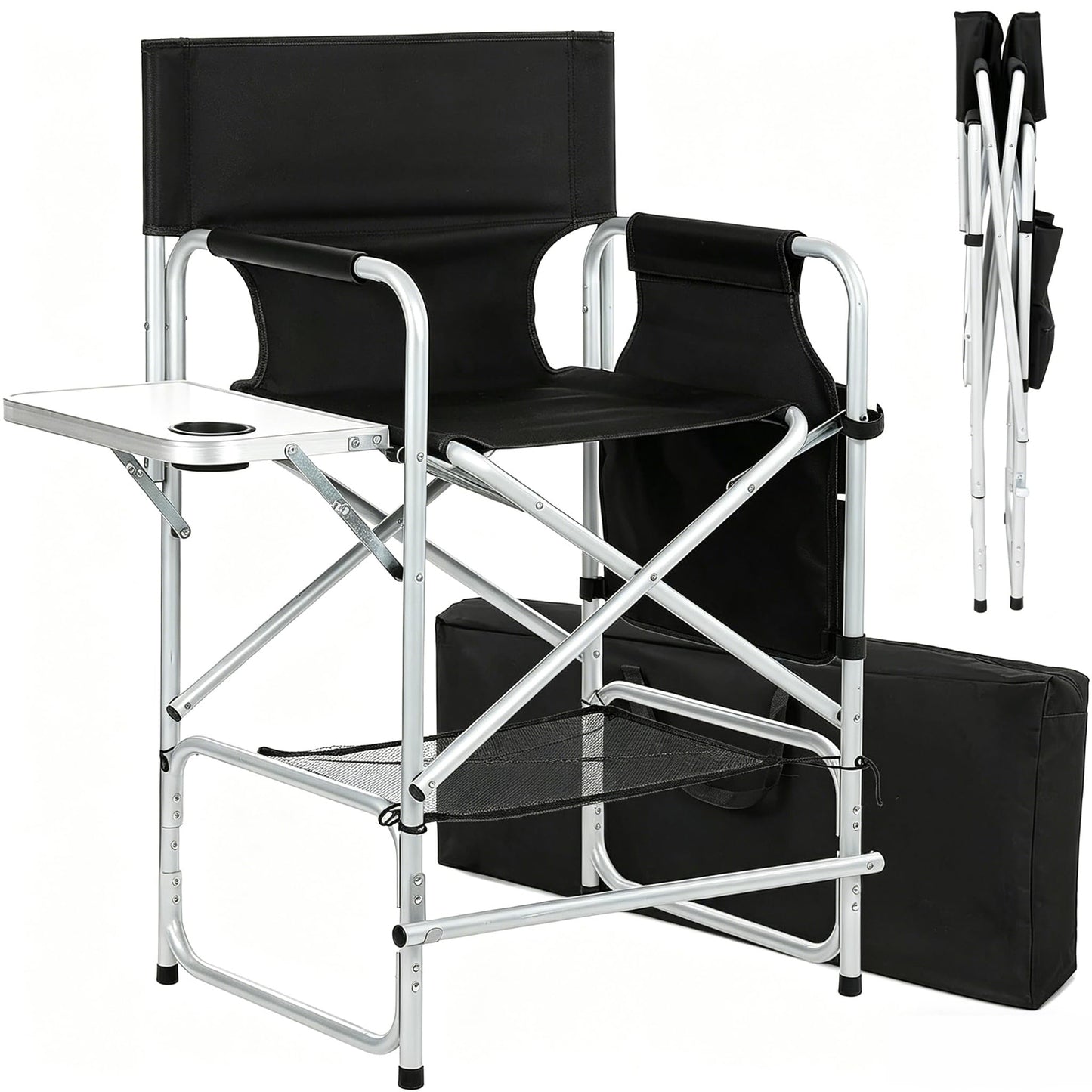 BRLJUNEO Tall Makeup Chair, Foldable Director Chairs, Portable Makeup Artist Chair w/Side Table Cup Holder Storage Bag and Footrest, 400LBS Load Capacity, Black, 41''