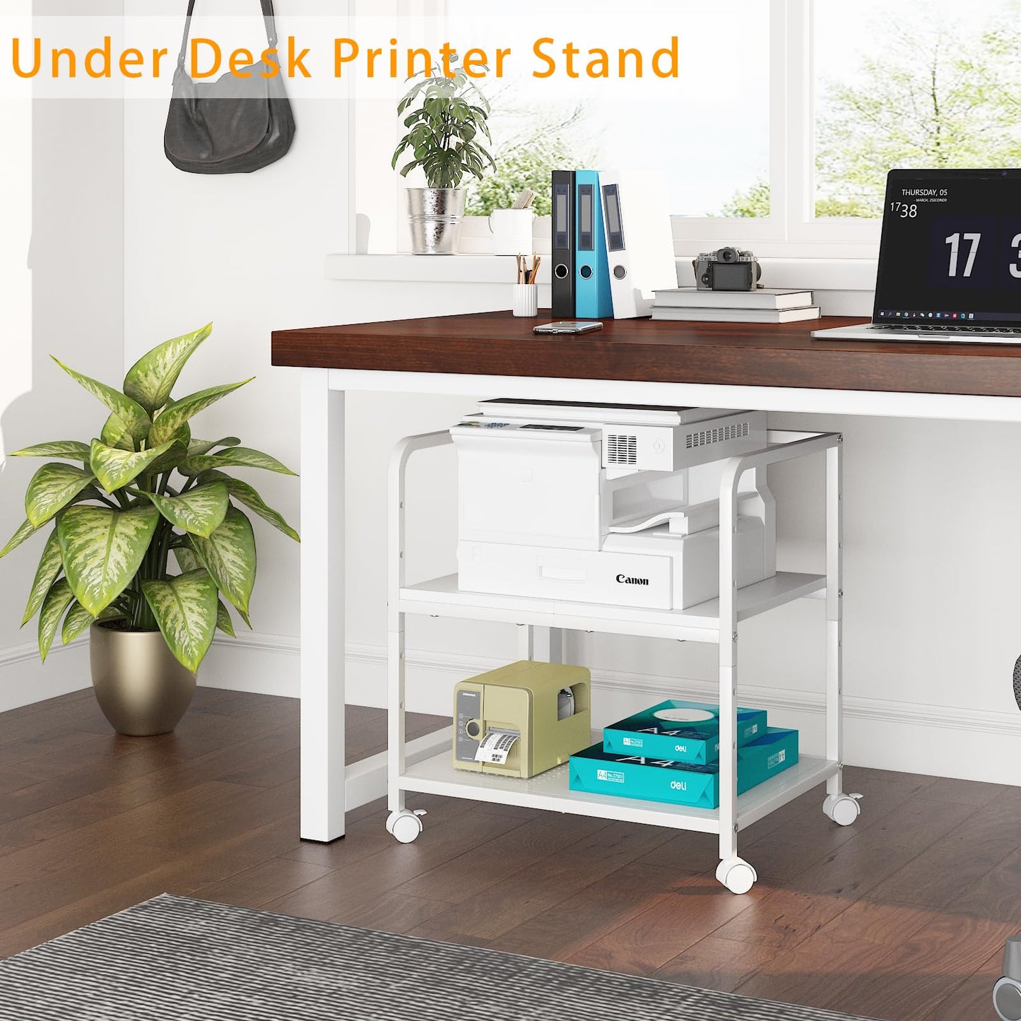 Heakrit 21"x15.8" Large Printer Stand with Storage, 2-Tier Under Desk Printer Table, Rolling Printer Cart with Lockable Wheels for Home, Office (White)