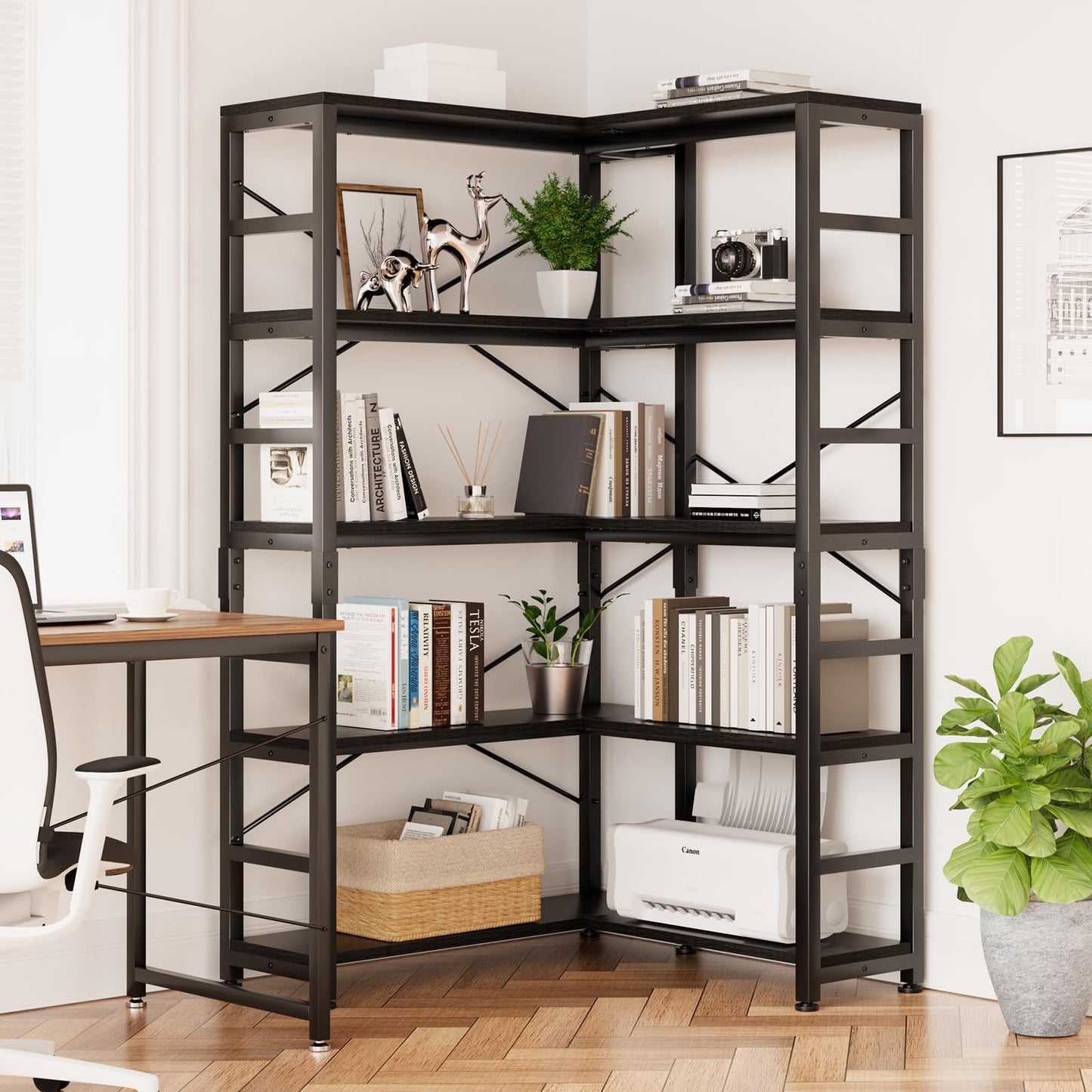 NUMENN 5 Tier Corner Bookshelf, Modern Corner Bookcase, Large Open Shelf Bookcase, Tall Bookshelves Storage Display Rack for Bedroom, Living Room and Home Office, Black