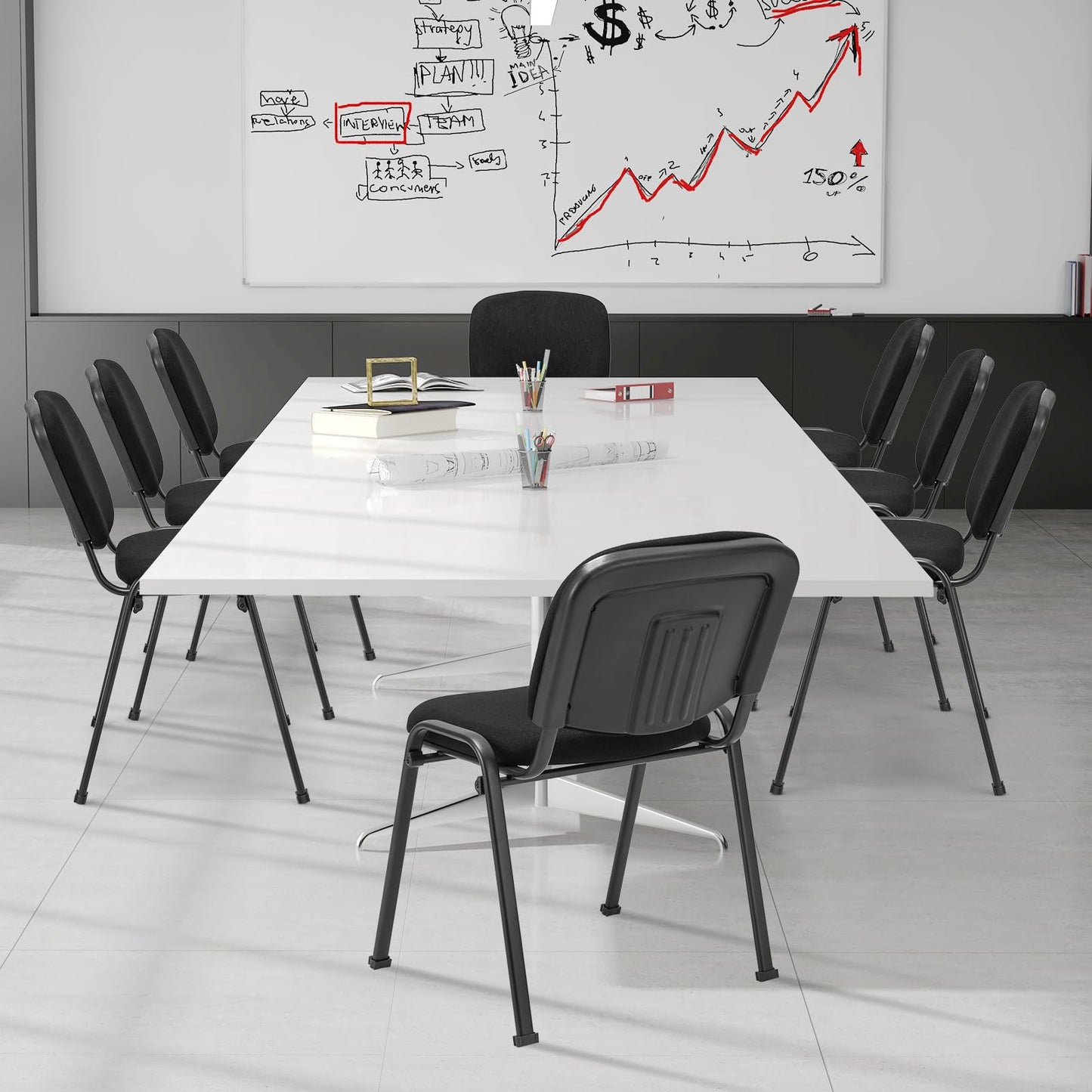 HOMGX 2 PCS Waiting Room Chairs, Stackable Office Guest Chair with Upholstered Back & Seat, Comfortable Conference Chairs for Meeting Room, Executive Chair Set No Wheels, Reception Chairs, Black