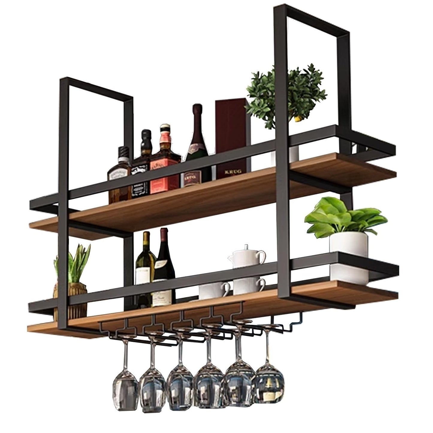 TATITZRO Wall Mounted Wine Rack Ceiling Bottle Shelf, Hanging Wine Glass Rack Floating Bar Shelves Flaoting Plant Display Storage Holder with Stemware Hanger for Bar Cafe Kitchen(60x30x80cm