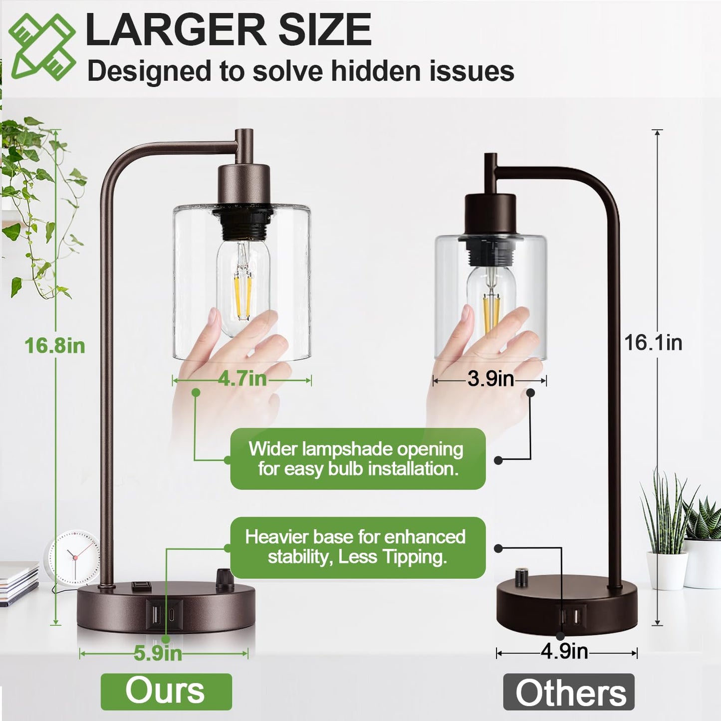 Lynnoland Set of 2 Oil Rubbed Bronze Table Lamps with USB C+A Ports and Outlet, Fully Stepless Dimmable Bedside Lamps, Industrial Desk Lamps with Clear Glass Shade for Living Room (2 LED Bulb)