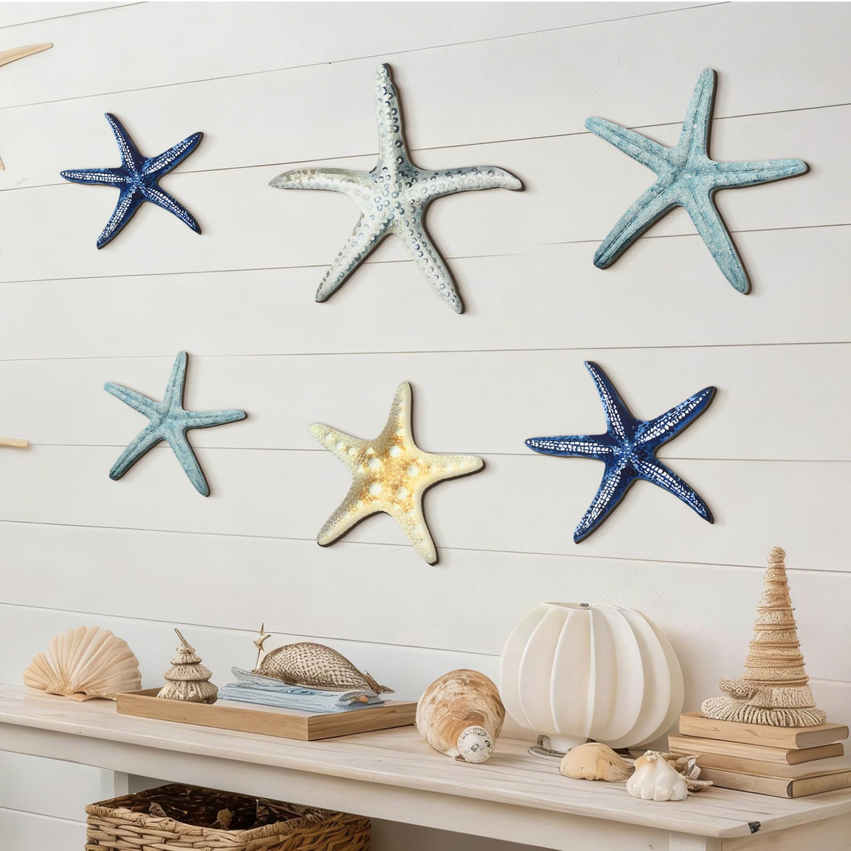 CroBlissful 6 Pcs Summer Starfish Wall Decor Beach Starfish Wooden Wall Art Beach Coastal Wooden Sign with Hook Summer Hanging Decoration for Home Farmhouse Sculpture Indoor Outdoor
