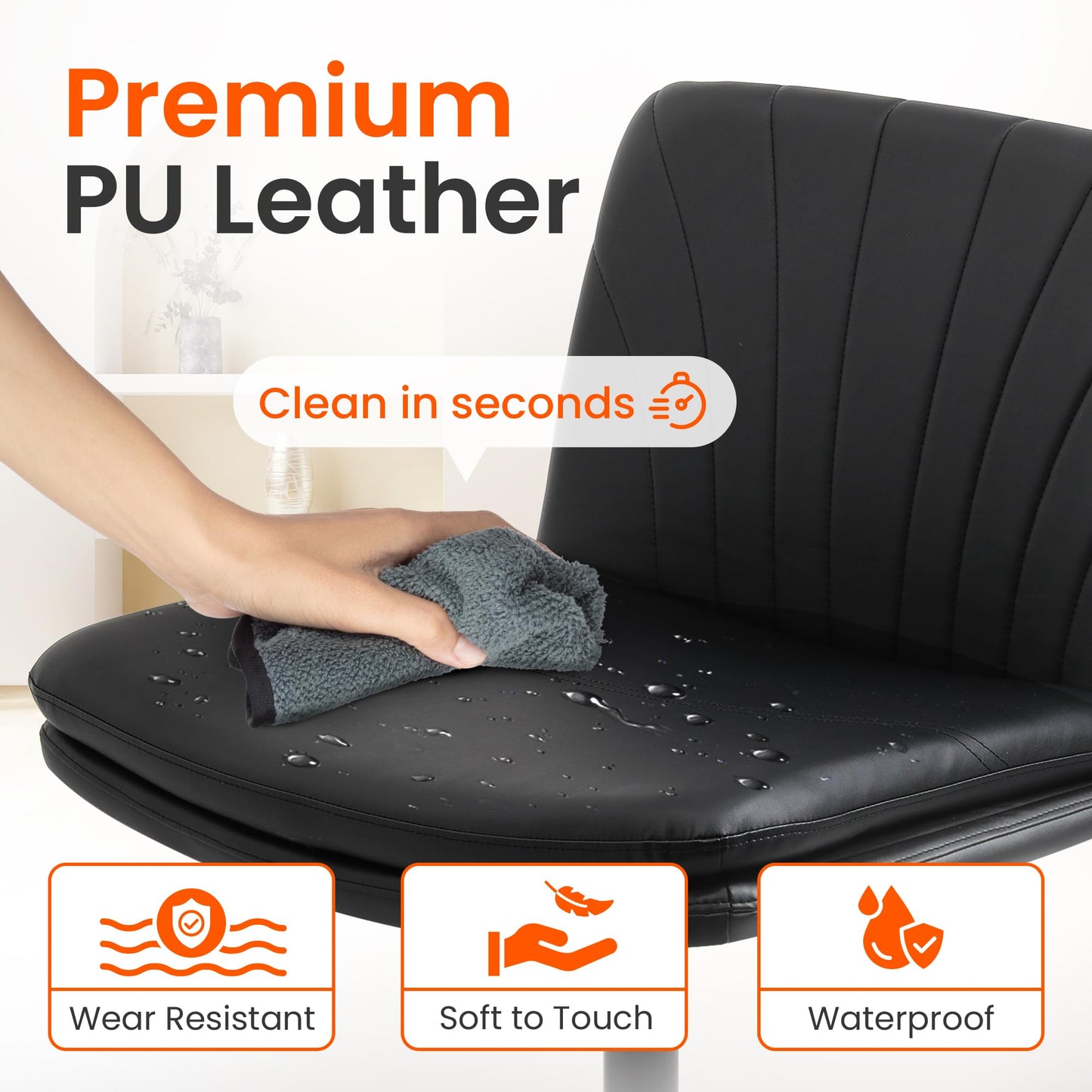 Orange Factory Criss Cross Chair with Wheels Comfy Wide Vanity Desk Chair Dual Base Leather Armless Adjustable Swivel for Home Computer Task (Black Pu, Faux Leather)