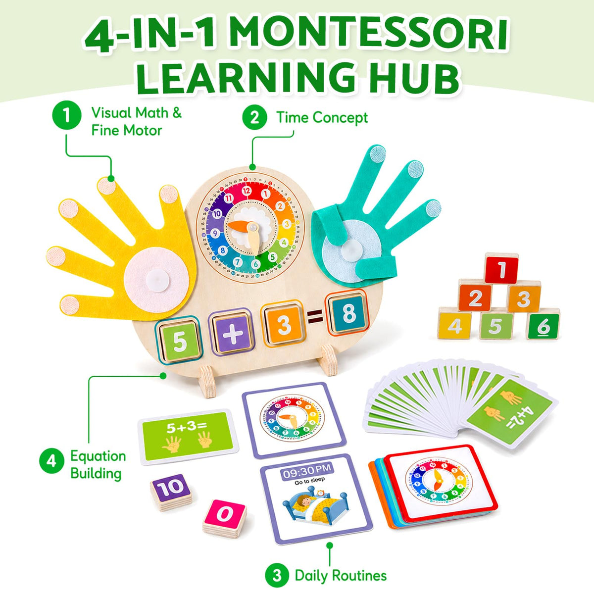 Quliwise 2-in-1 Math Manipulatives Number Counting Blocks Toys & Teaching Clock, Preschool Learning Activities for Toddlers 2-4, Educational Montessori Toys for 3 4 5 Year Old Boys Girls Birthday Gift