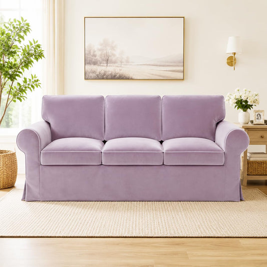 Velvet Pet-Friendly Replacement Sofa Cover Compatible for IKEA Ektorp 3 Seat Sofa Slipcovers, Couch Cover Only, 7-Piece Slipcover, Pink, Couch Cover Not Include The Sofa Body