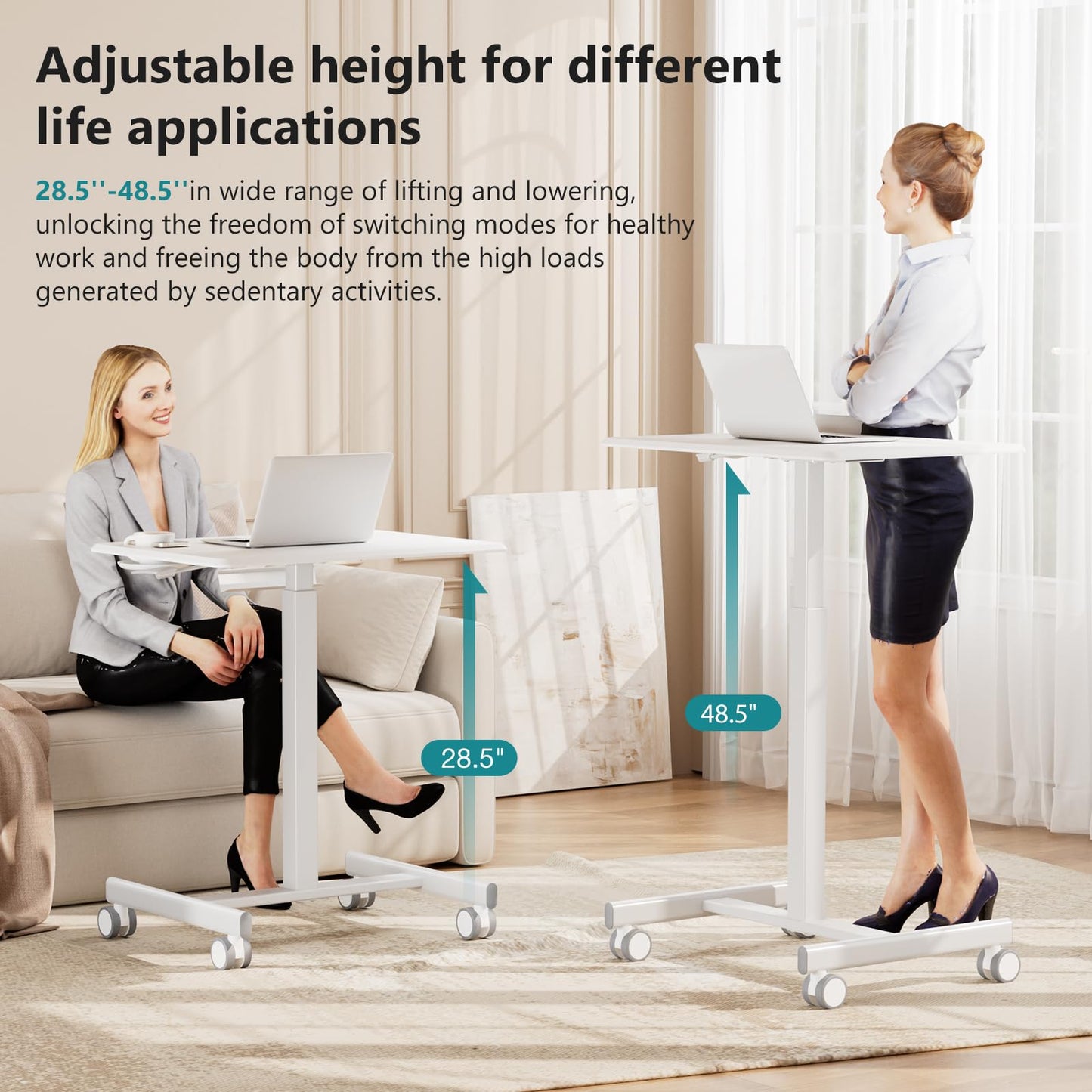 OLIXIS Small Standing Desk with Locking Wheels, Mobile Portable Rolling Laptop PC Table, Adjustable Height Computer Workstation for Home Office, 19 Inch, White