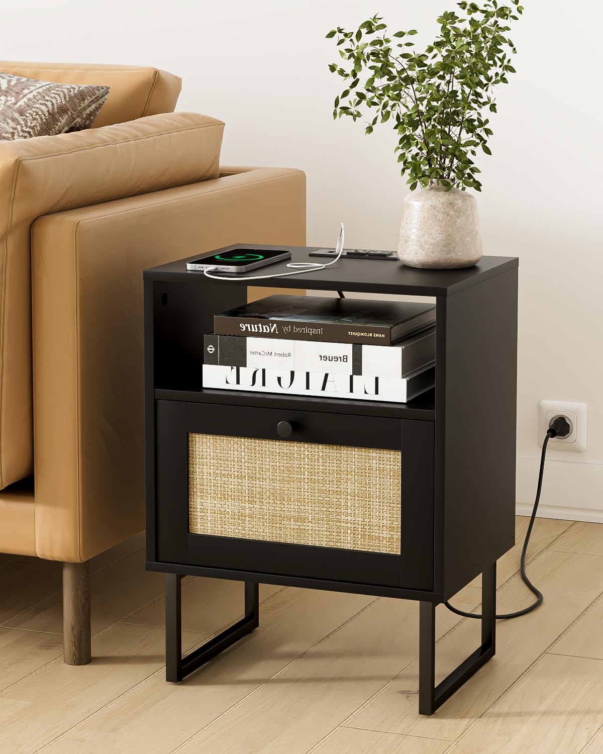 Apetaccat Rattan Nightstand with Charging Station, Boho Night Stand Farmhouse Wood Bedside Table with Storage and Open Shelf, End Side Accent Table for Bedroom,Living Room,Black