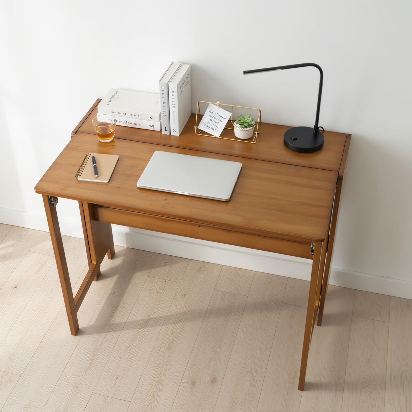 petour Wood Foldable Desk,Space Saving Foldable Table Bamboo Folding Desk Study Table with Bookshelf for Office Home Study Bedroom