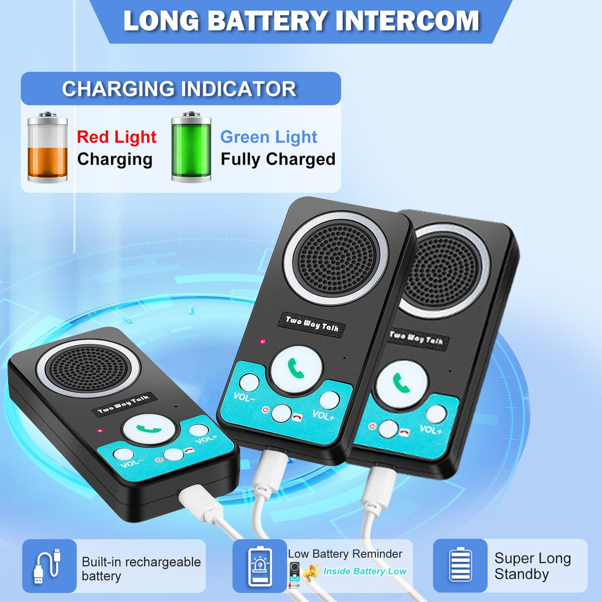 UHAXZ Intercoms Wireless for Home, Full Duplex 2 Way Intercom System, 1500ft Long Range Intercom with 8 Volume Levels, Rechargeable Battery & 4 Chime for Home Office & Business (3 Pack)