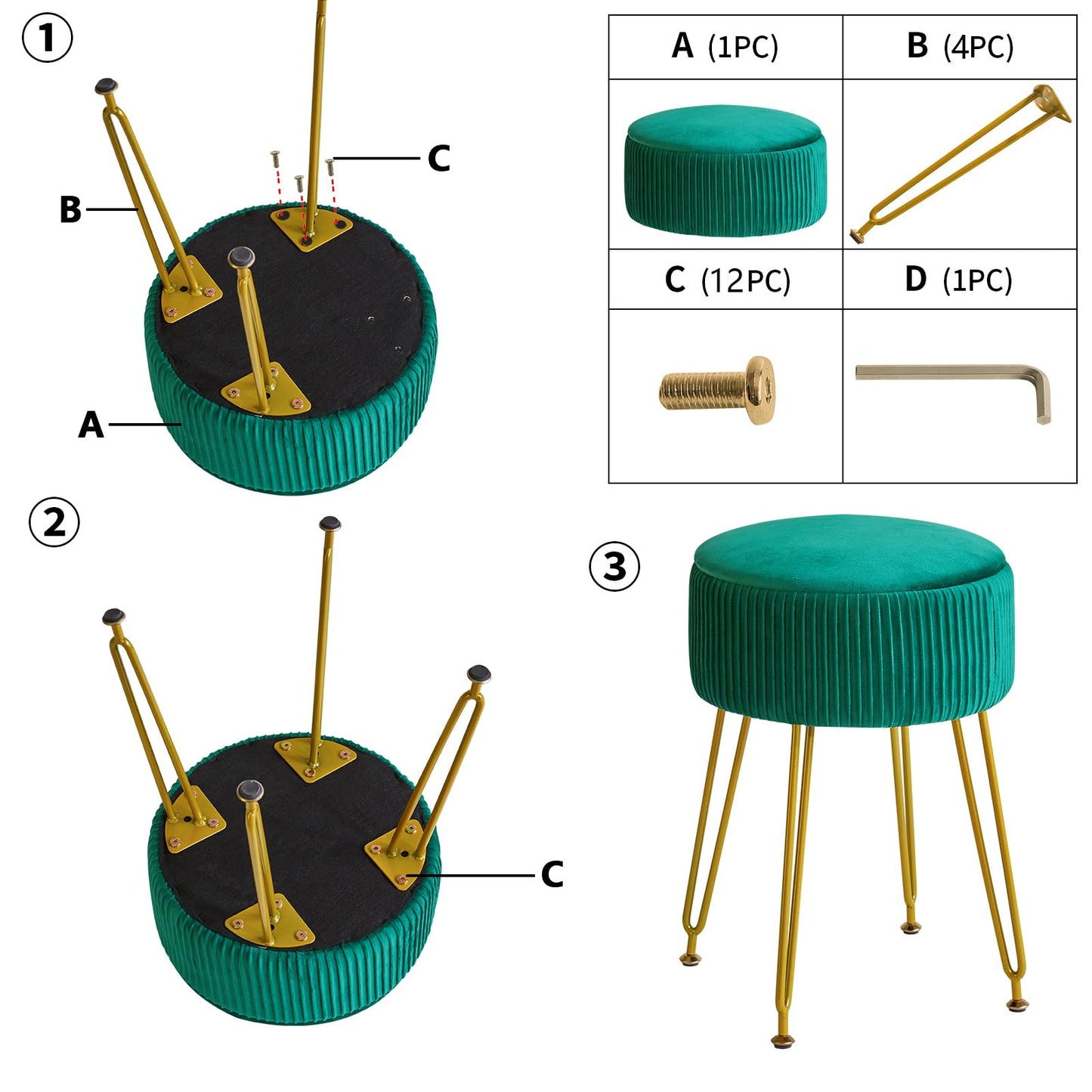 IBUYKE Velvet Storage Footrest Stool Ottoman, Makeup Vanity Stool Side Table with Golden Steel Legs Removable Cover, Coffee Table Top Cover, Green LG-20L