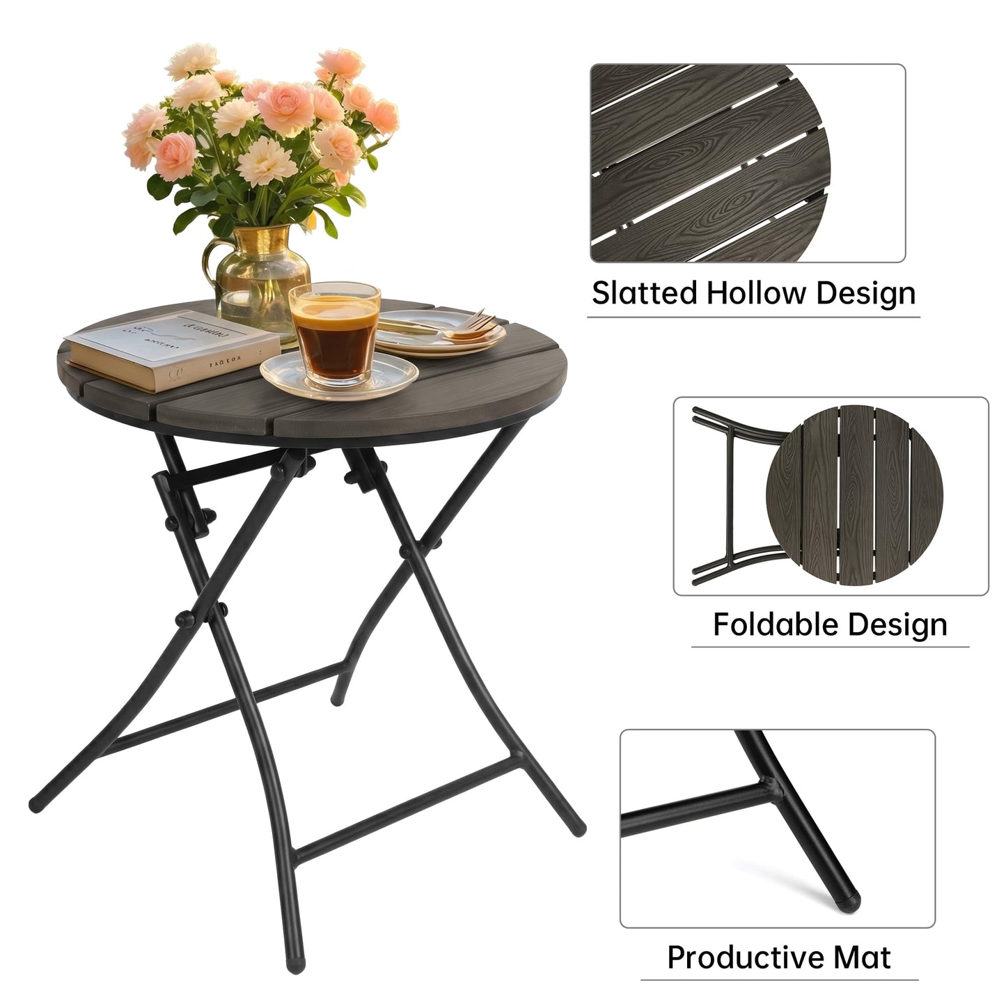 TeoKJ Folding Black Small Outdoor Side Tables, HDPS Patio Table with Metal Legs, Outdoor Small Round Table for Garden,Deck, No Assembly Patio Table Round Nightstand for Porch Yard Balcony Deck Lawn