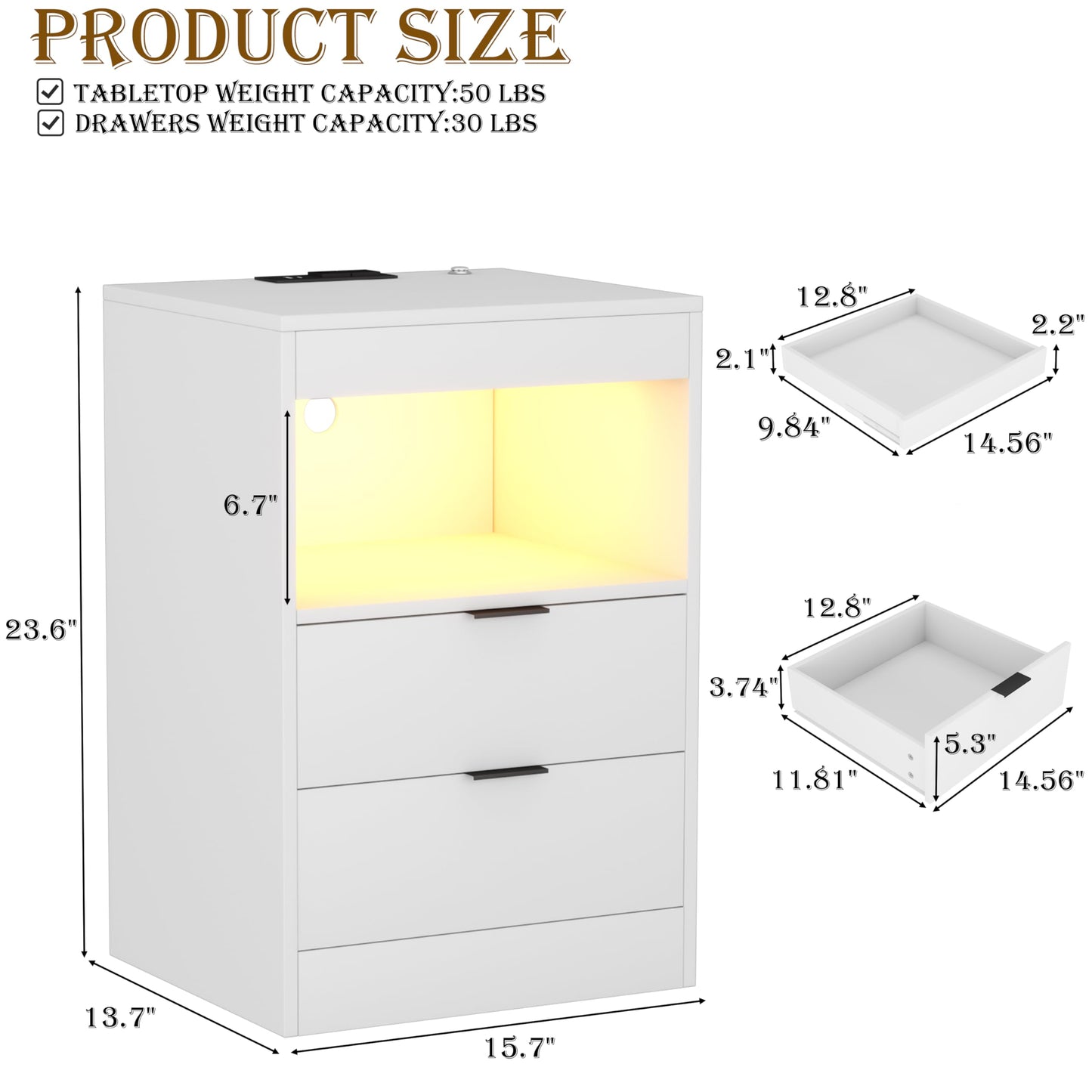 Yusong Night Stand with Gun Drawer & Invisible Lock, Bedside Table, LED Nightstand with Charging Station, Modern Night Stand, Wood Sofa Couch End Side Table with 2 Pull-Out Shelf (White 002)