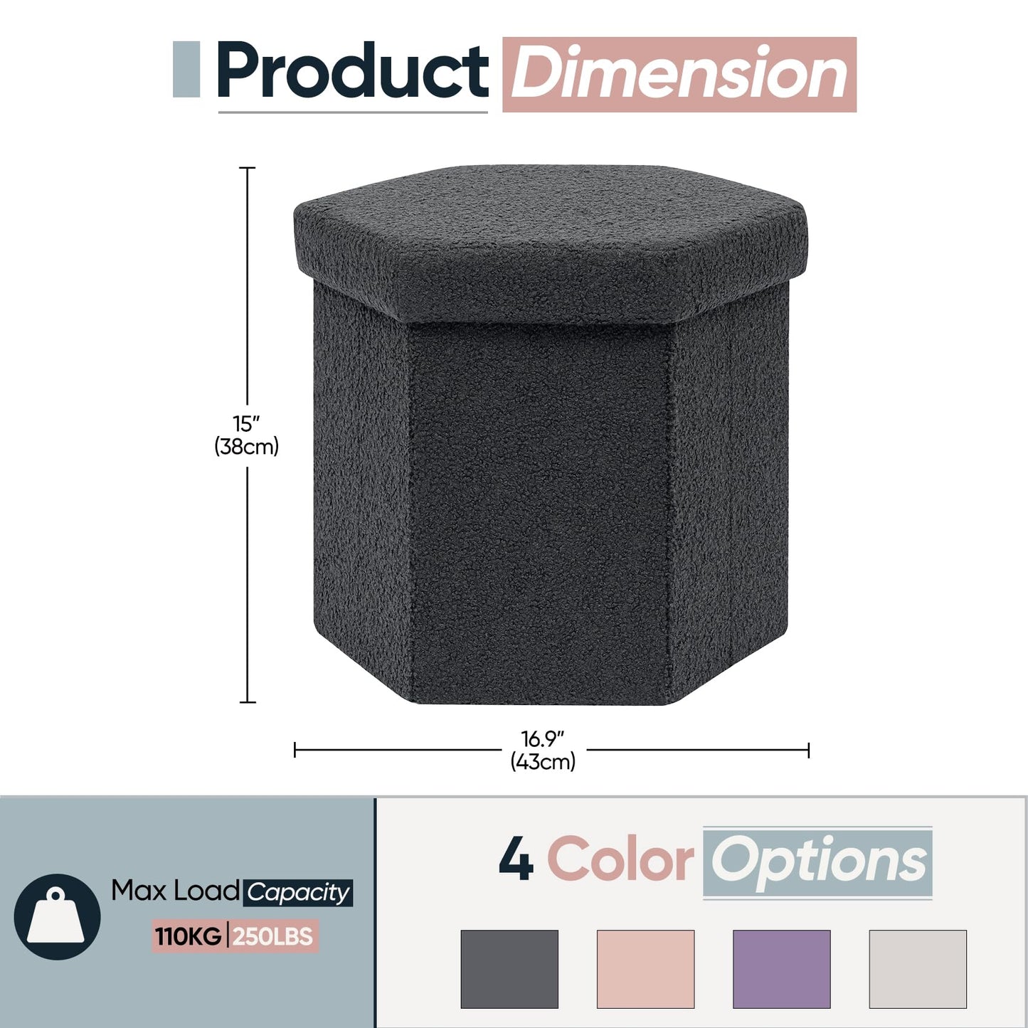 ZOLANOful Hexagon Storage Ottoman, Foldable Boucle Footrest with Hidden Storage, Upholstered Ottoman Footstool for Living Room, Bedroom, Dorm, Entryway, 15 x 16.9 x 15 Inches, Darkgrey
