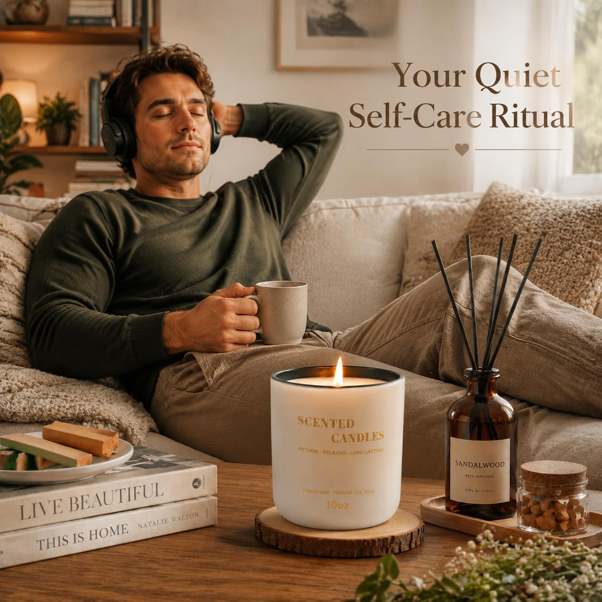 Lanttu Sandalwood Scented Candle for Home Decor, 10 oz Natural Soy Wax Jar Candles, 40 Hours Long Lasting Burning Candles for Men Women Mom Friend Birthday Housewarming Gift