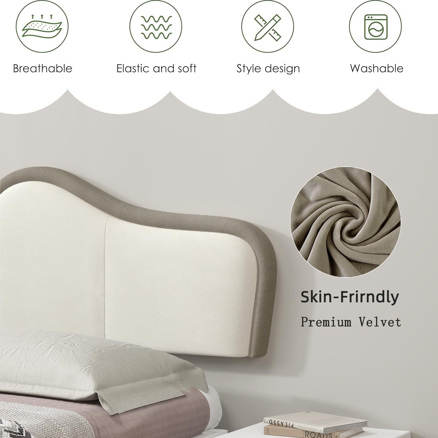 HouseMila King Headboard,Upholstered Headboards Bed Head Board Modern Wave Shaped Velvet Wall Mount Bed Headboard for Stylish Bedroom Decor(King,Beige+Brown)