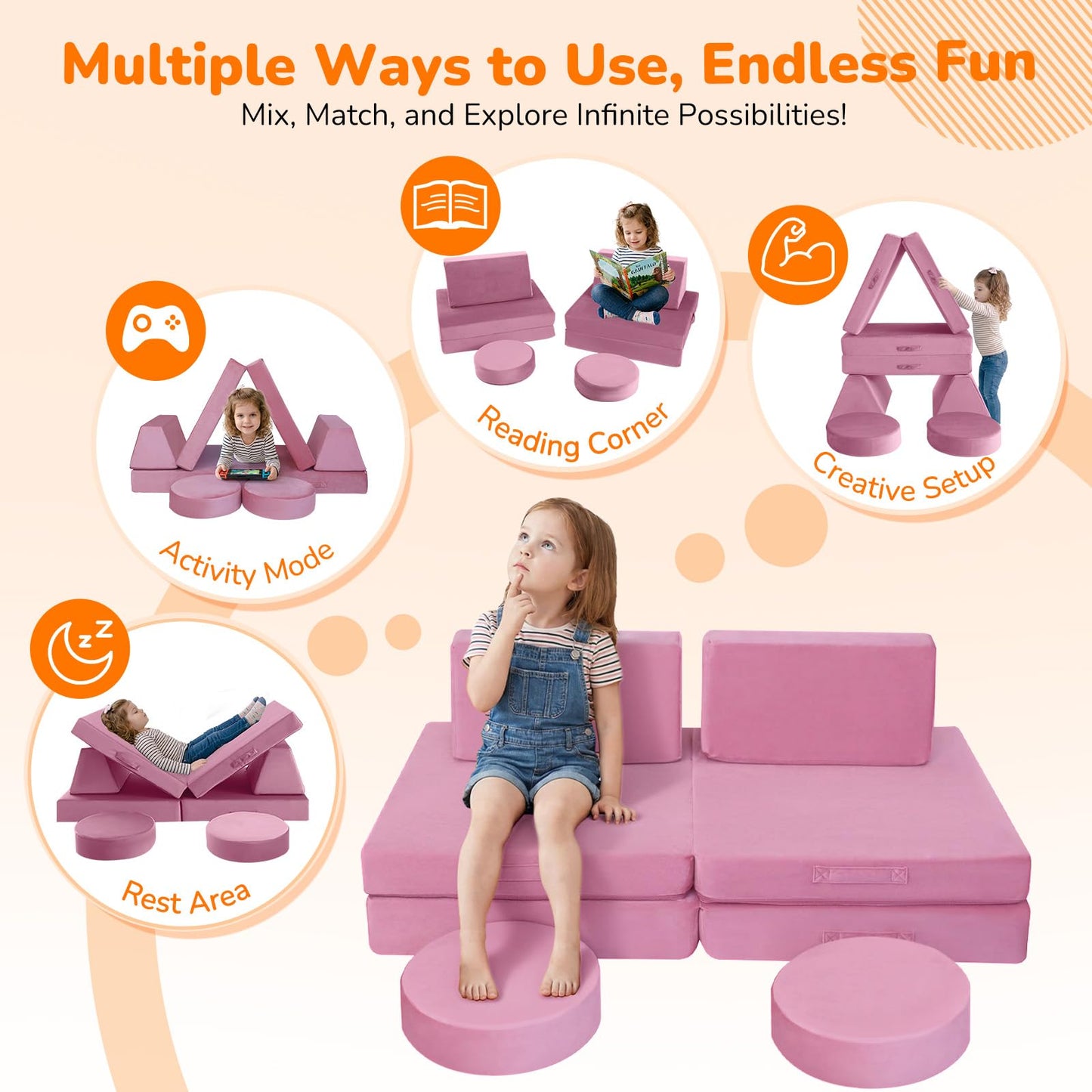 MeMoreCool Kids Couch, Dusty Rose Modular Foam Play Couch, Ages 3+