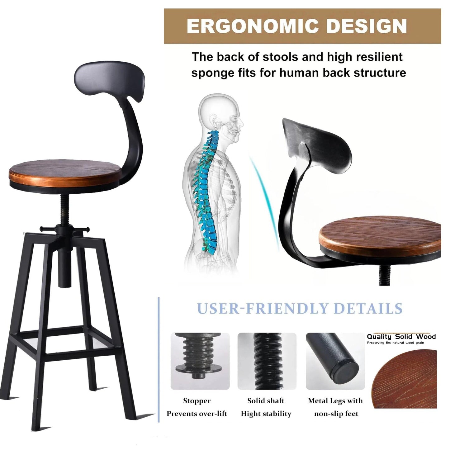 Diwhy Industrial Bar Stools,Kitchen Dining Chair,Wood Top Stool,Adjustable Height Swivel Counter Height Bar Chair with Metal Backrest,Black,Fully Welded Set of 2 (Brown Wooden Top with Iron Backrest)