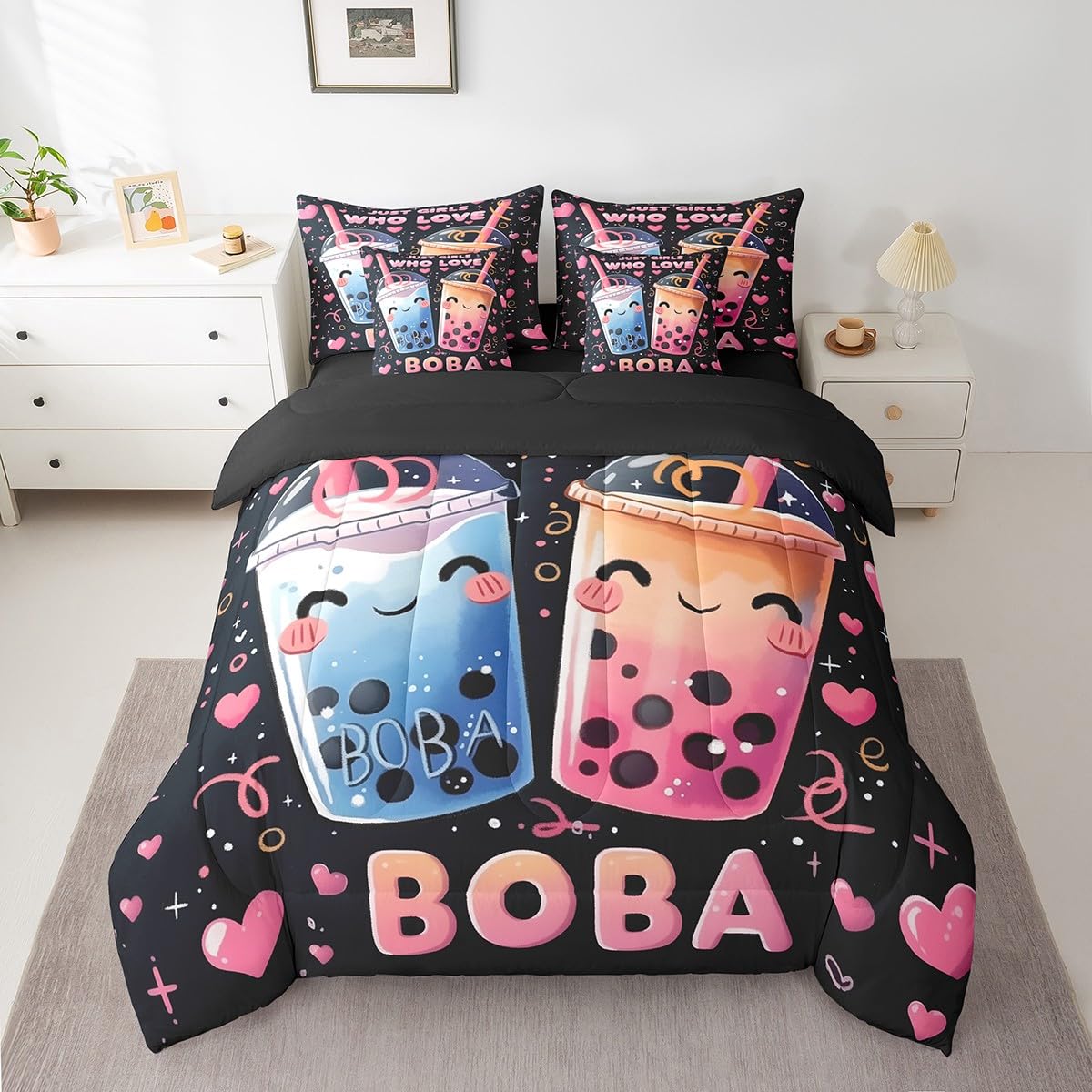 Erosebridal 7 Piece Boba Tea Queen Bedding Set,Bubble Tea Bed Set Cute Boba Gifts for Kids Teen Girls,Funny Food Theme Comforter Set Kawaii Anime Bed in a Bag with Fitted+Flat Sheet,Pillowcases