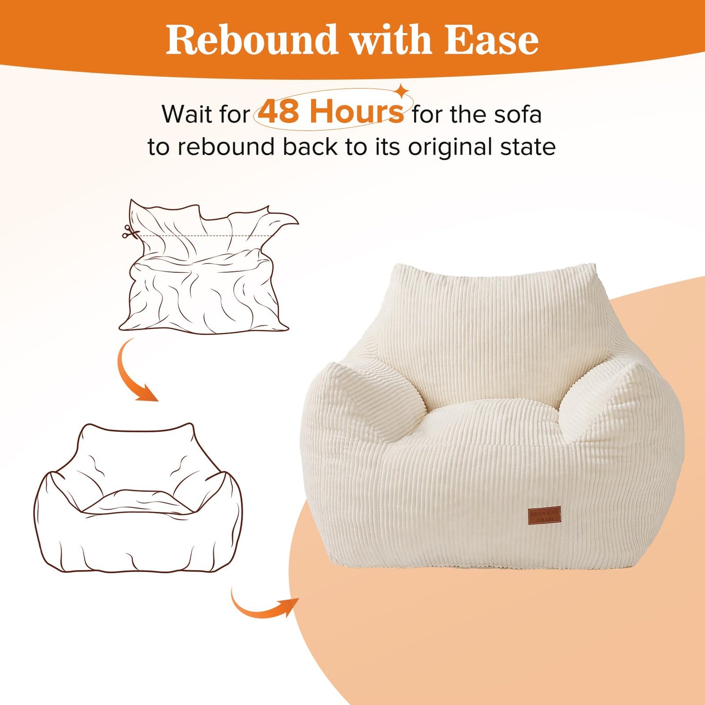 Vellorise Big Bean Bag Chair for Adults, Ultra Soft Living Room Bean Bag with Armrests, Stuffed BeanBag Chair for Napping, Gaming, Vacuum-Compressed for Easy Gifting, 48 Hours to Fluffs Up, Beige