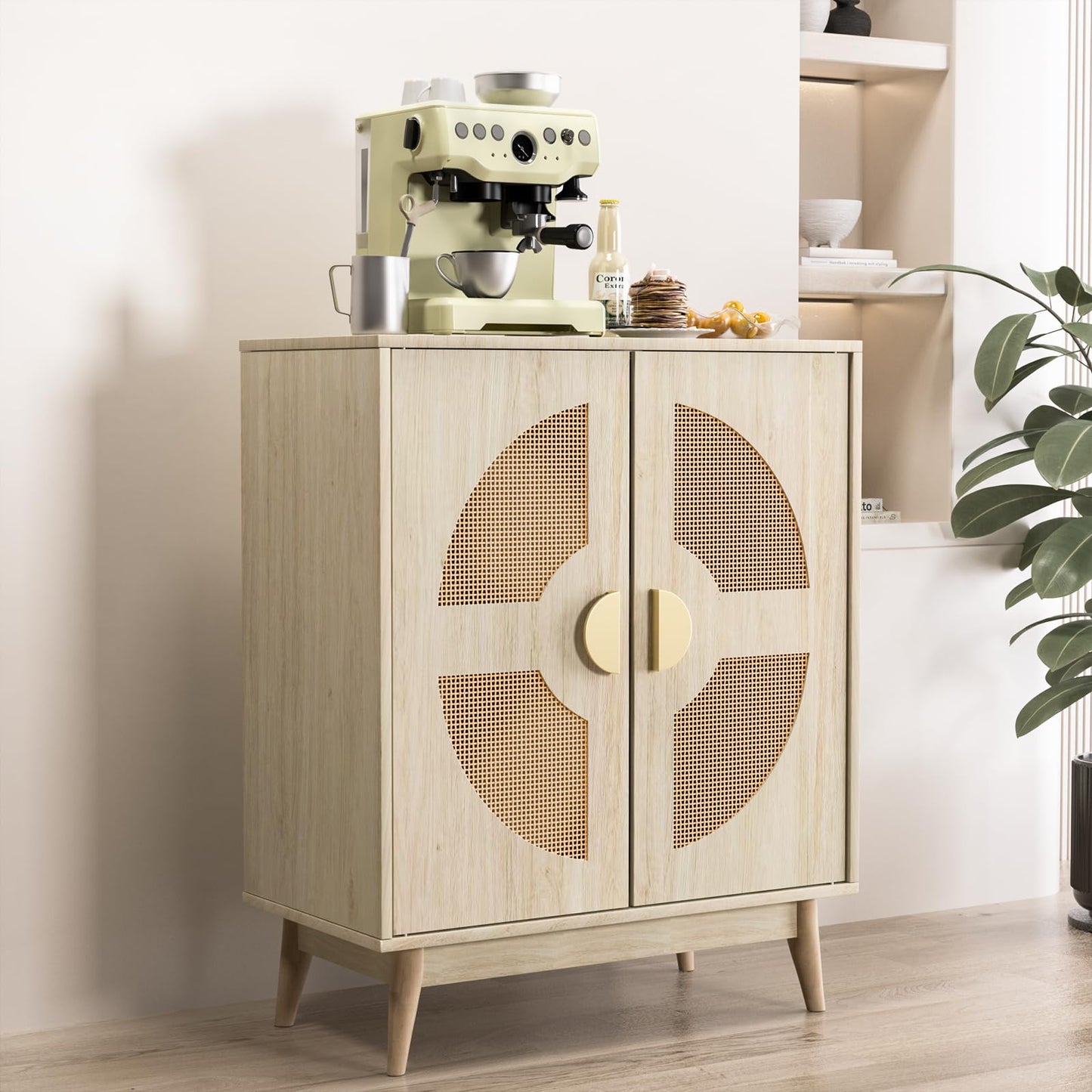 TOOBVEST Buffet Cabinet with Storage Sideboard Accent Modern Credenza with Doors & Shelves 32.9" Rattan Media Console Mid Century Coffee Bar Table for Living Room Kitchen Dining Room Hallway
