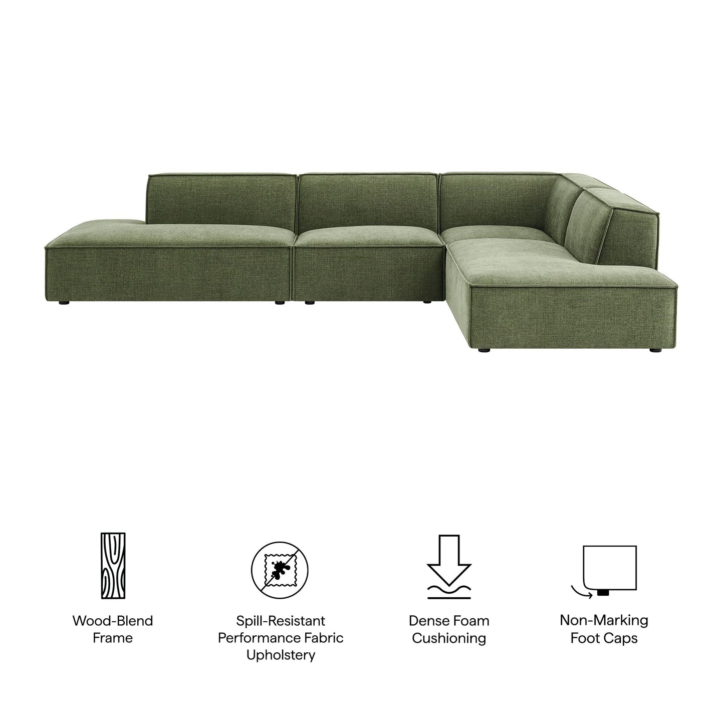 Modway Restore Performance Fabric Upholstered 4-Piece Modular L-Shaped Armless Sectional Sofa in Foliage – Low Profile Couch with Coil Seat Support and French Piping