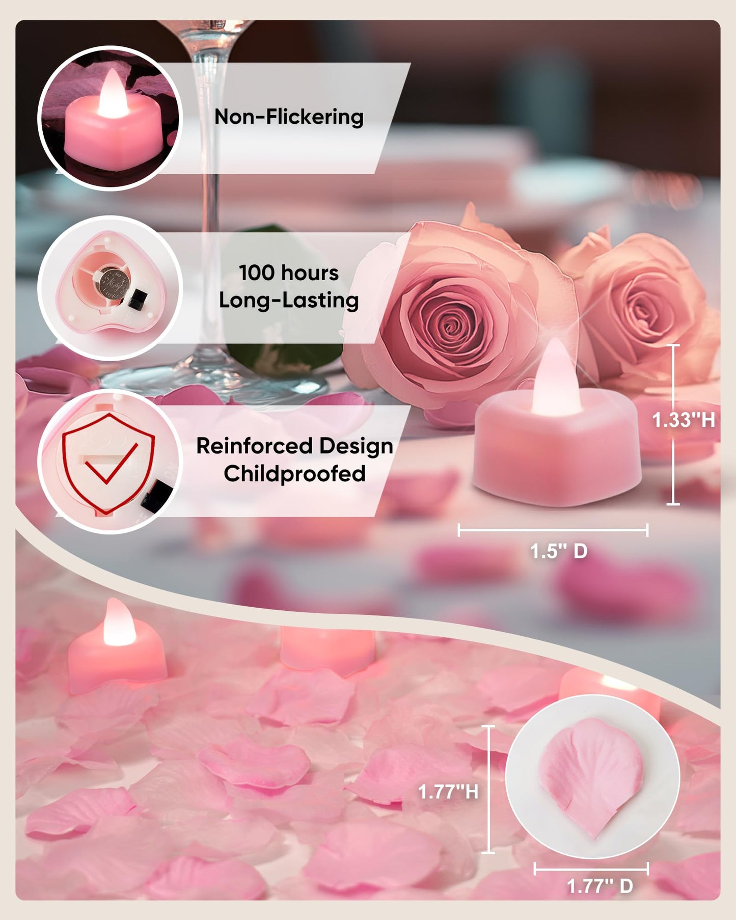 Amagic 1000 Pieces Pink Artificial Rose Petals with 12 Pink Heart LED Tea Lights, Rose Petals and Candles Set for Proposal, Anniversary, Romantic Night, Wedding Decor
