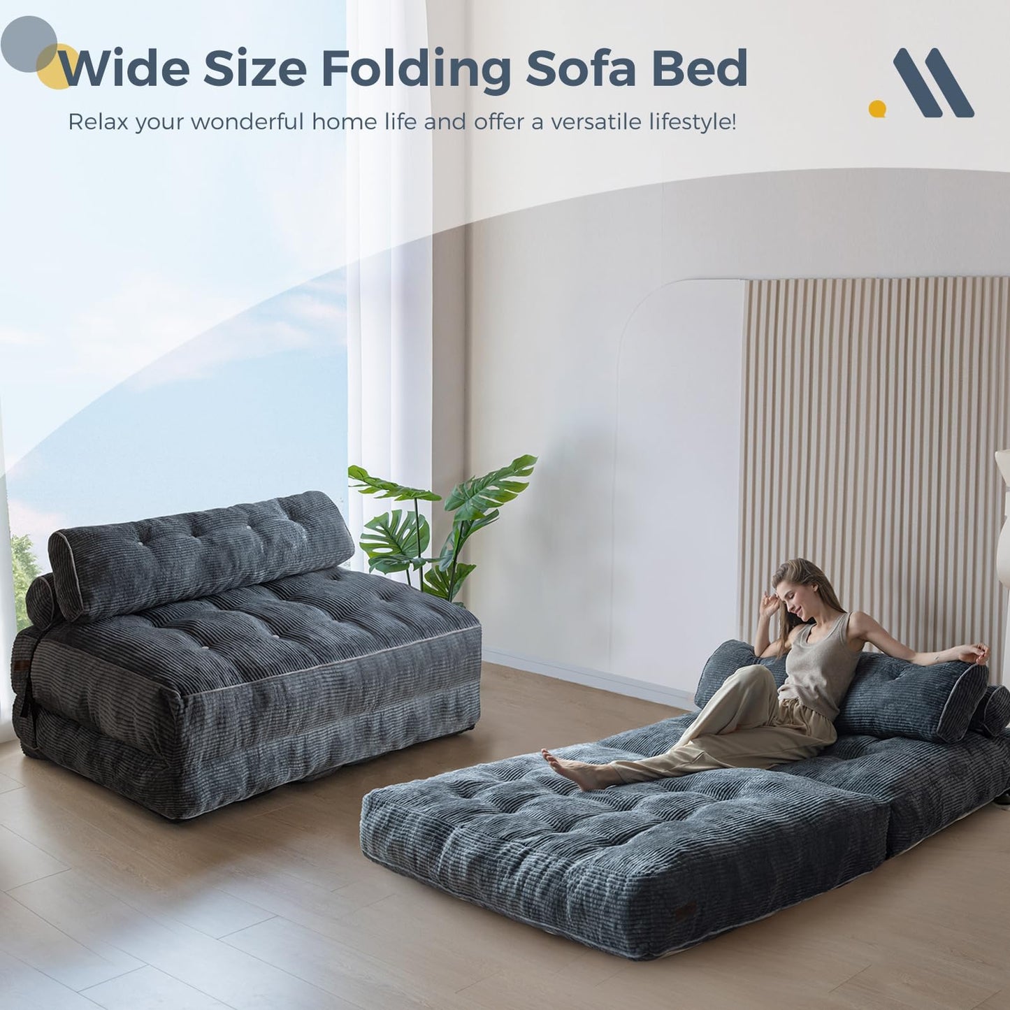 MAXYOYO Folding Sofa Bed, Convertible Chair with Pilow Foldable Couch with Back Support, Portable Fold Out Chair Bed Comfy Floor Sofa Lounge for Living Room Bedroom, Dark Grey, Double