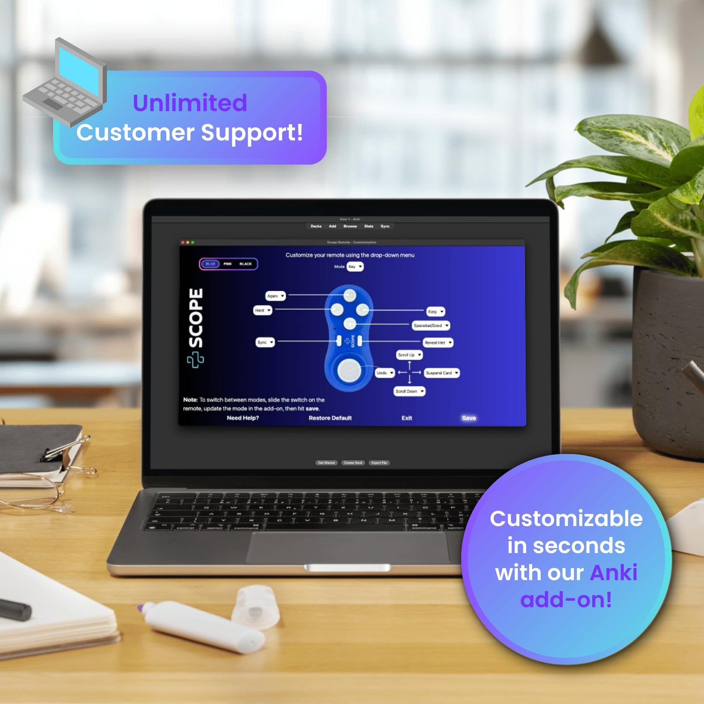 Scope Remote- Remote for Anki. Customizable with Anki Add-on, Compatible with Windows, Mac, iOS, iPad, and Android. Quizlet Compatible, Anki Controller. Amethyst Purple, Plus (16-18 Hours Battery)