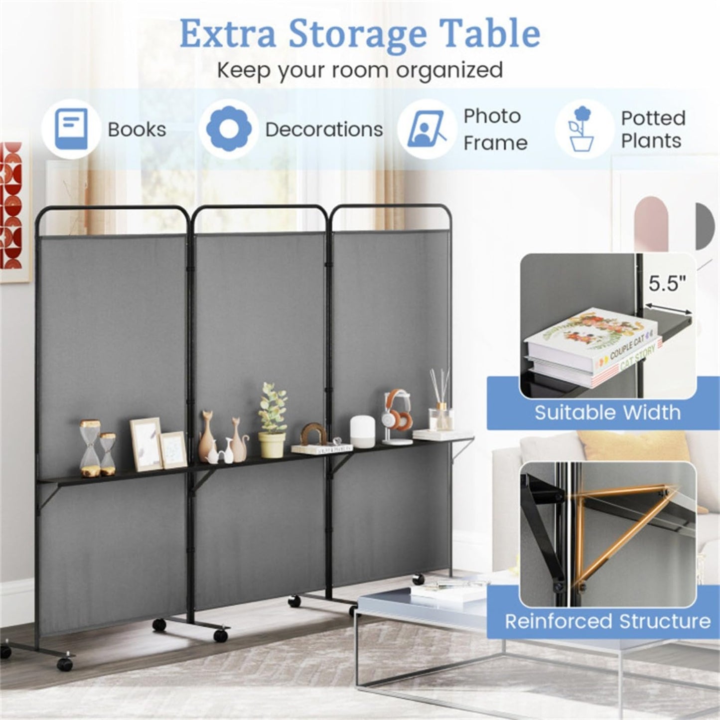 YWGYWG 3 Panel Room Divider with Storage Shelves ， 103" W x 74" H Folding Privacy Screen, Home Office Studio, Fabric Wall Divider for Room Separation (Grey)