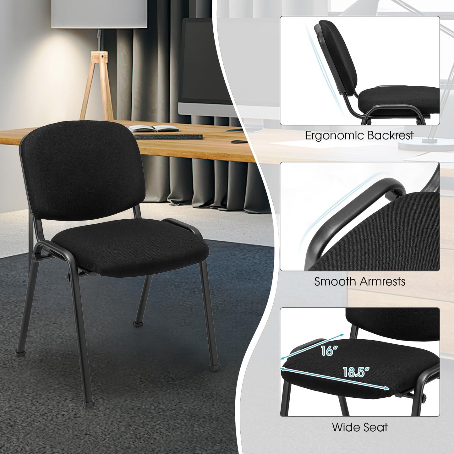 HOMGX 2 PCS Waiting Room Chairs, Stackable Office Guest Chair with Upholstered Back & Seat, Comfortable Conference Chairs for Meeting Room, Executive Chair Set No Wheels, Reception Chairs, Black
