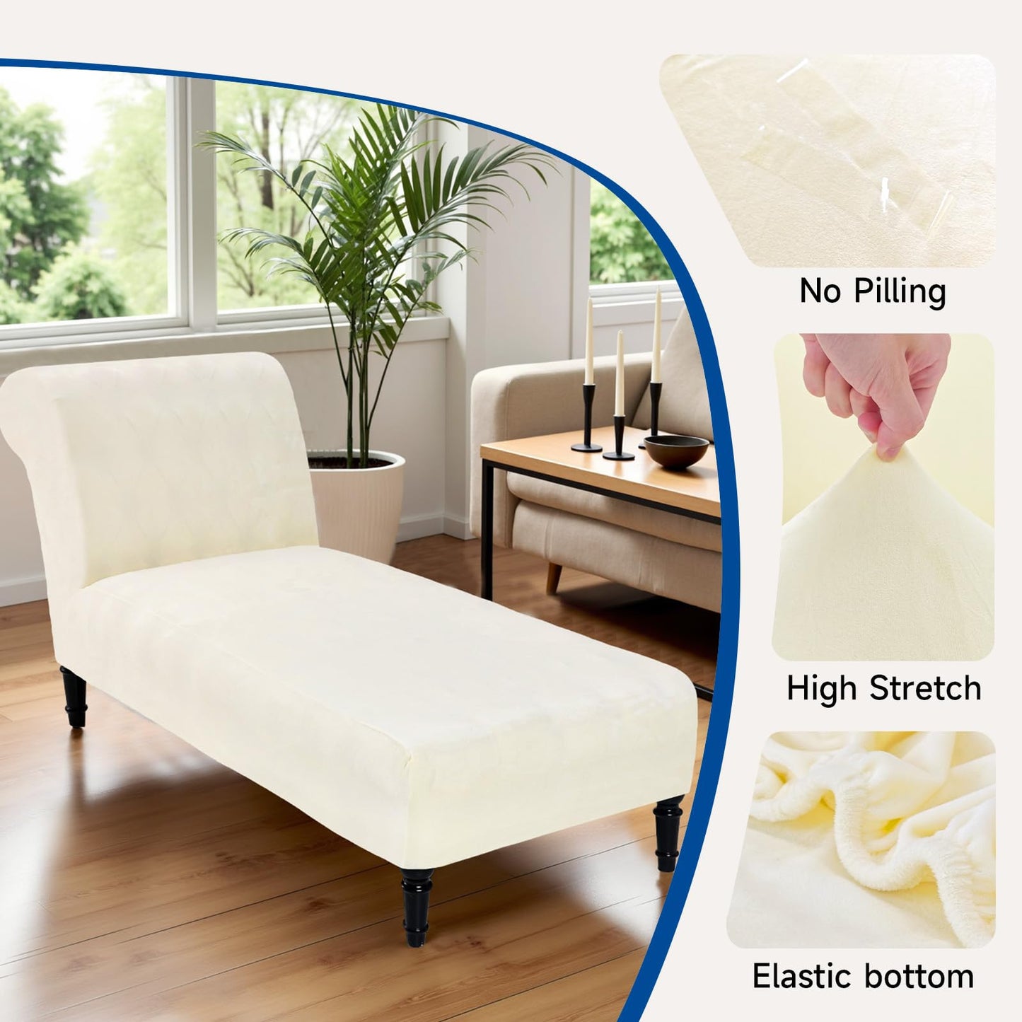 Velvet Chaise Lounge Cover Indoor Armless Chaise Slipcover Luxury High Stretch Ultra Soft Lounge Chair Covers Modern Machine Washable Chair Cover for Living Room Bedroom Furniture, Beige