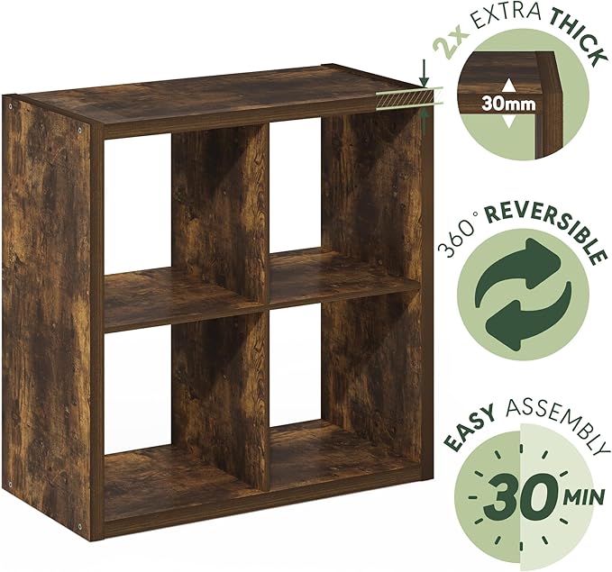 Furinno Cubicle Book Shelf, 4-Cube Bookshelf, Extra Thick Frame Reversible
