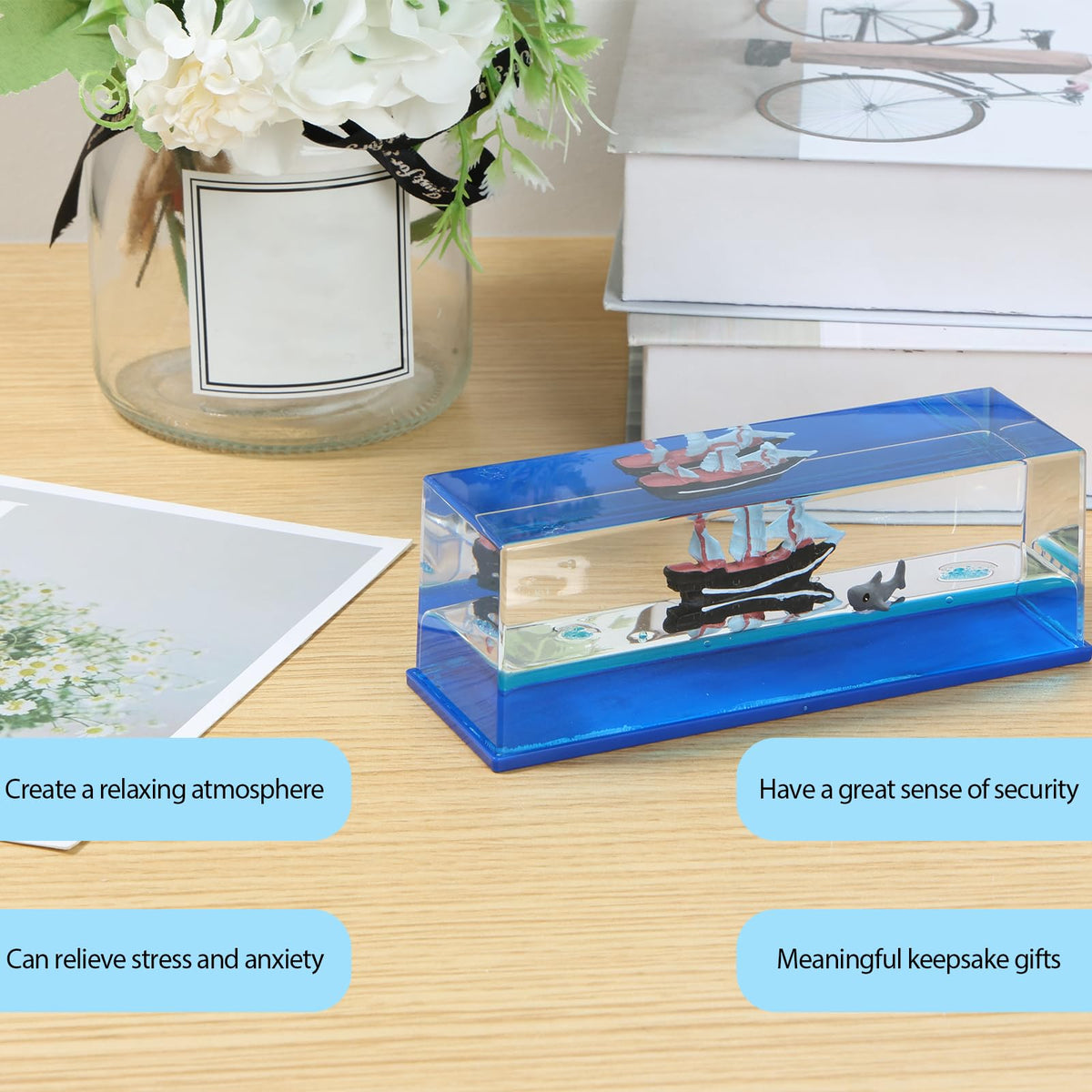 KHZSPP Unsinkable Boat in a Box Acrylic + Pure Water +Mineral Oil + Resin 15.2x5.3x5.2cm for Home Decoration Office Decoration Desk Bookshelf Car Display(Ship+Xiaoyu)