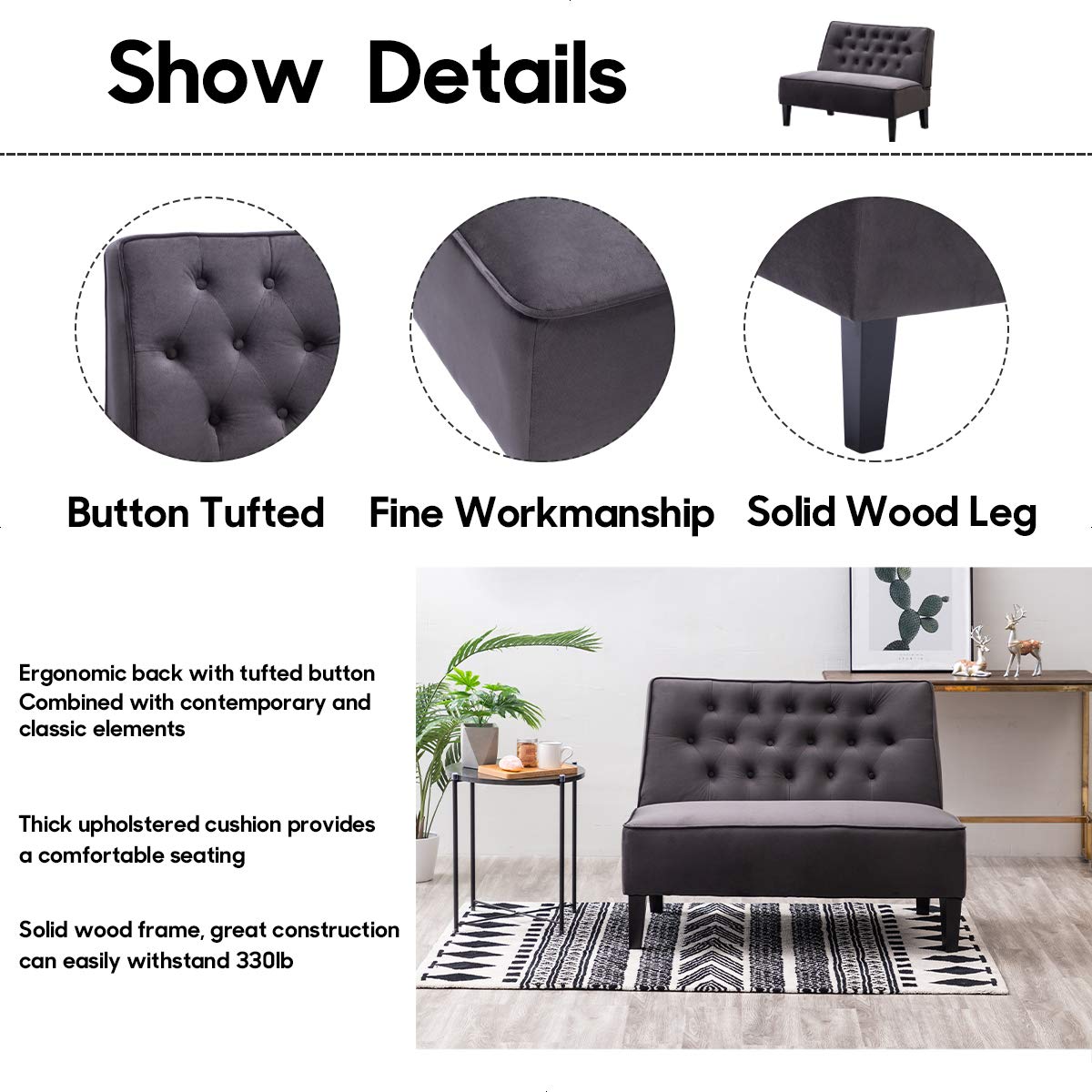 Alunaune Upholstered Loveseat Couch for Living Room, Armless Bedroom Settee Small Love Seat Sofa Tufted Button Dining Room Bench - Dark Grey