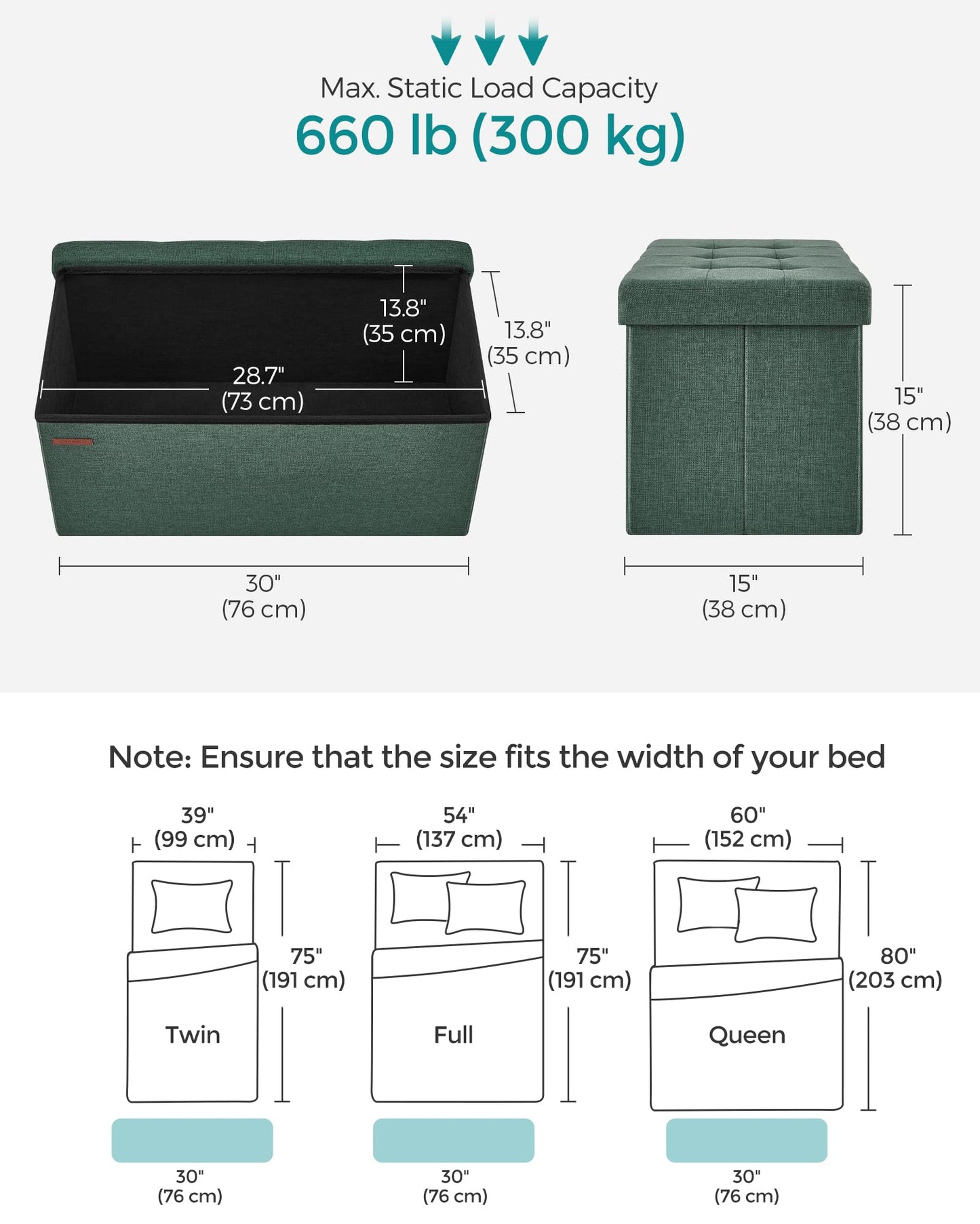 SONGMICS Mazie Collection - 30 Inches Folding Storage Ottoman Bench, Ottoman Foot Rest, End of Bed Bench, Storage Chest, Load 660 lb, for Living Room, Bedroom, Entryway, Retro Green ULSF047C01