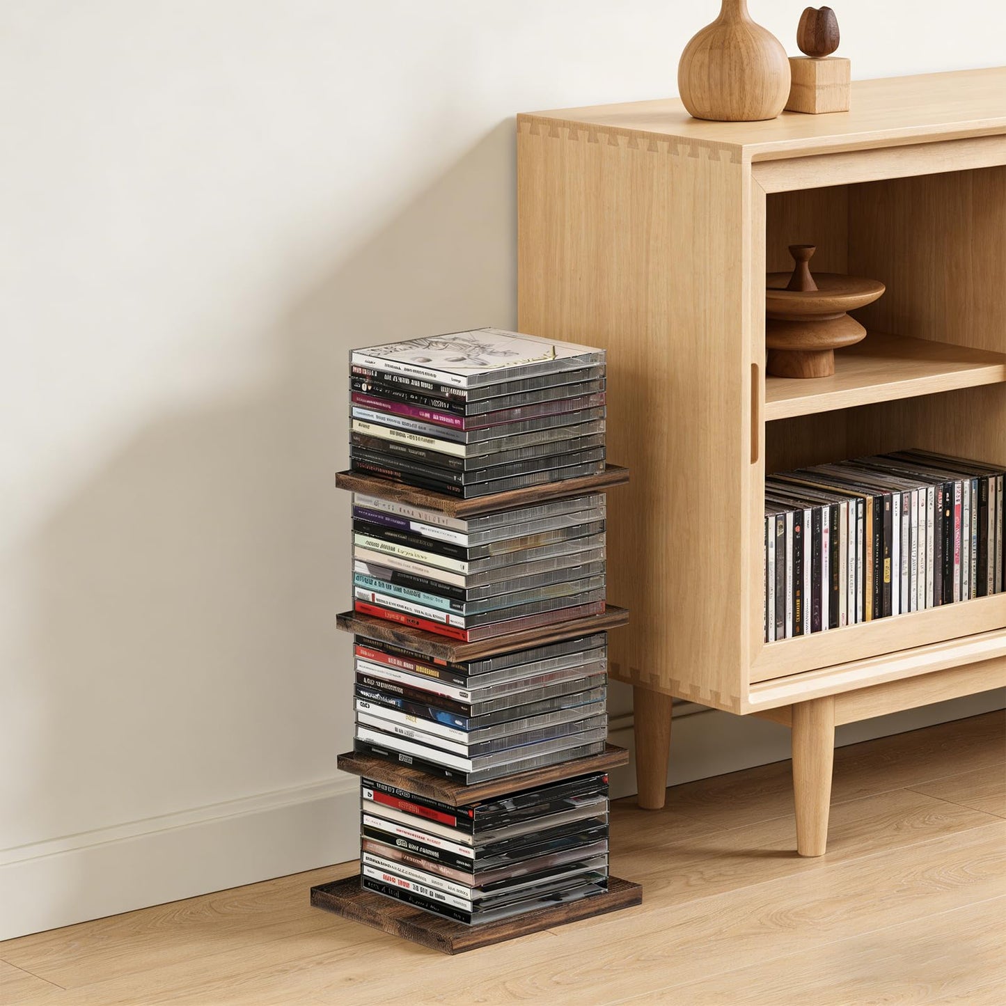 DEMEGA 4-Tier Solid Wood & Matte Black Iron CD DVD Storage Rack & Holder with Top Carry Ring, Space-Saving Vertical Organizer for Desktop, Bookshelf, Home Theater, Holds up to 40 CD Cases
