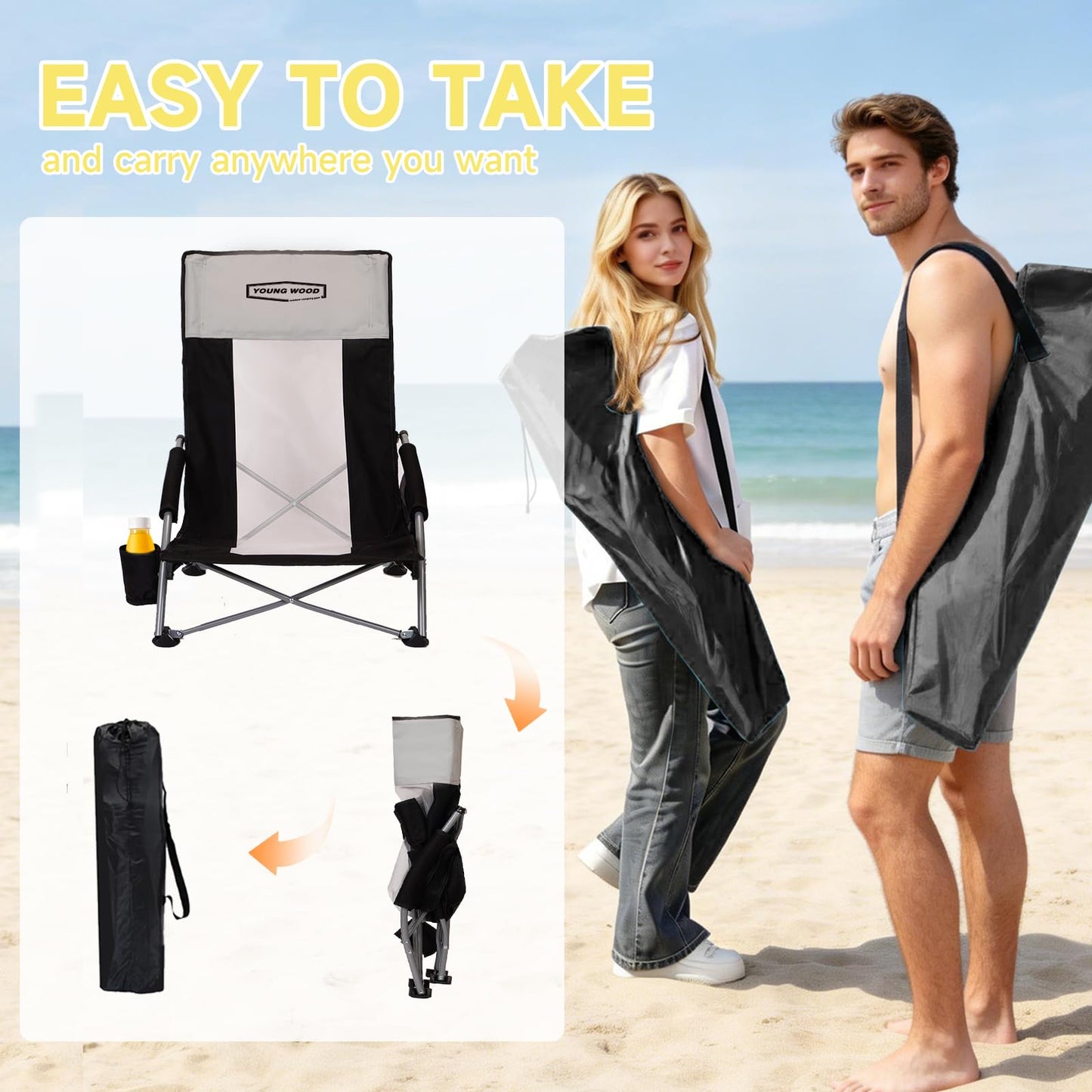 YOUNG WOOD High Beach Chair, Camping Chair, High Back Extra Wide Seat Chair with Comfortable Pillow & Storage Pocketsuitable for Adults, Children and Pets Fishing, PLoad Capacity 350lb,Black.1p