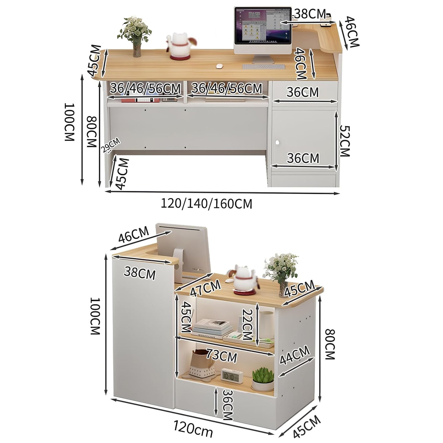 L Shaped Reception Desk, Wooden Front Desk with Open Shelves, Modern Retail Checkout Counter with Drawers, for Office Hotel Store Beauty Salon, 120cm/47.2in, Grey+ri