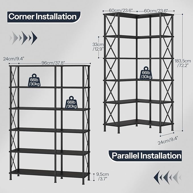 HOOBRO Corner Bookshelf, 6-Tier L-Shaped Bookcase, Industrial Open Display