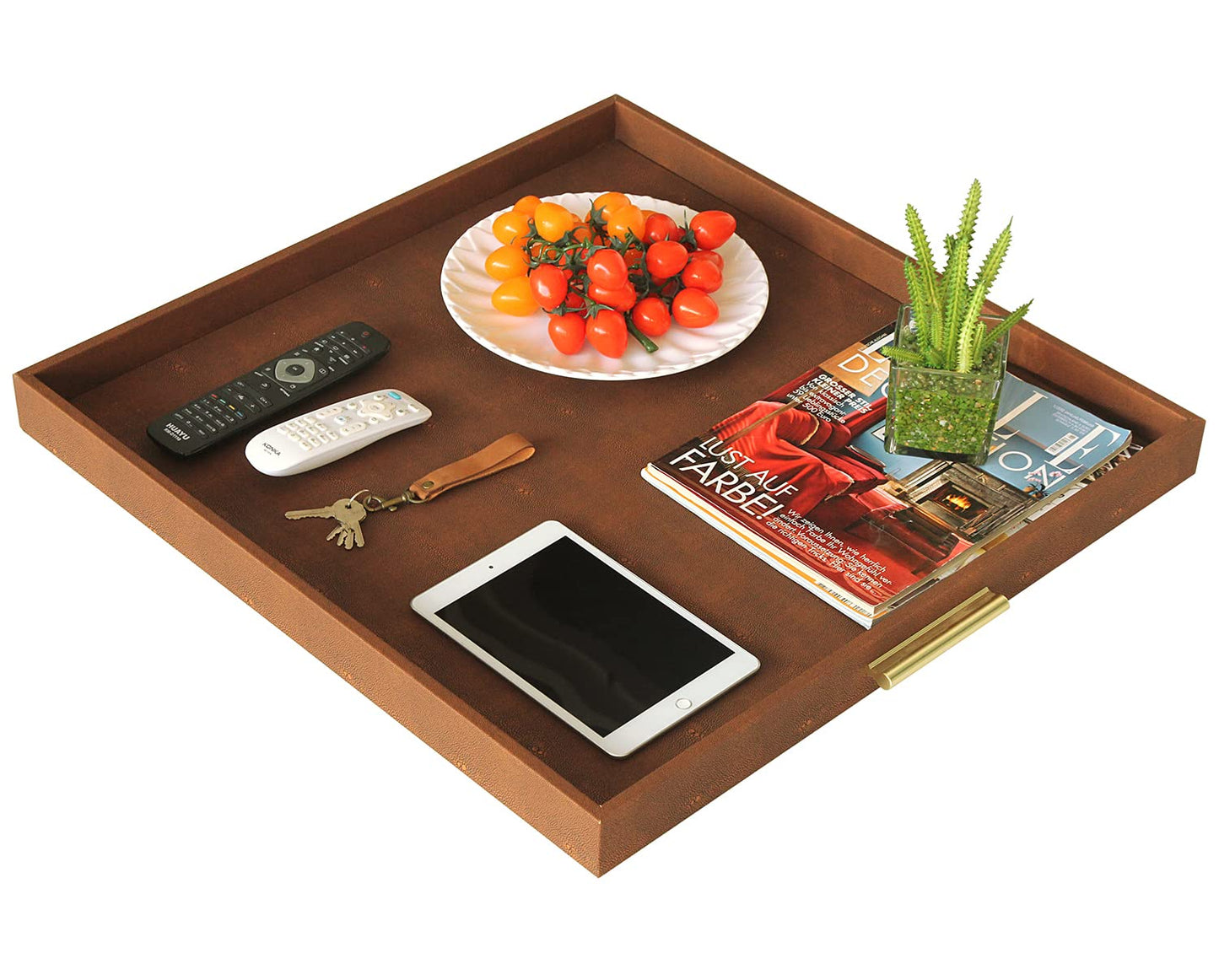 HofferRuffer Extra Large Square Serving Tray, Elegant Faux Leather Ottoman Tray with Gold Hardware Handles, Serve Tea, Coffee or Breakfast in Bed, 24 x 24 inches (Brown Shagreen)