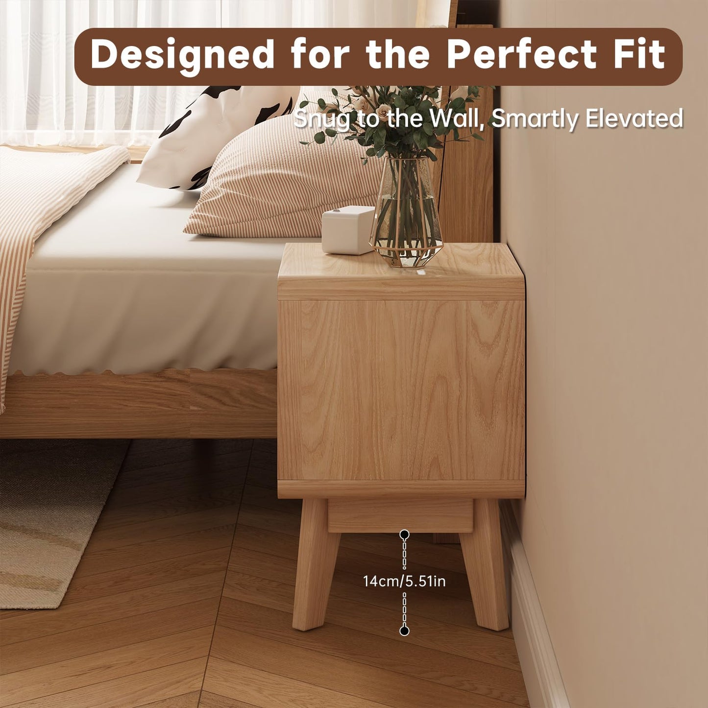 NKGIAG 100% Solid Wood Nightstand, Mid-Century Modern Night Stand with Drawer & Open Shelf, Compact Bedside Tables for Bedroom, Office, Small Spaces, Light Natural Finish, Pre-Assembled