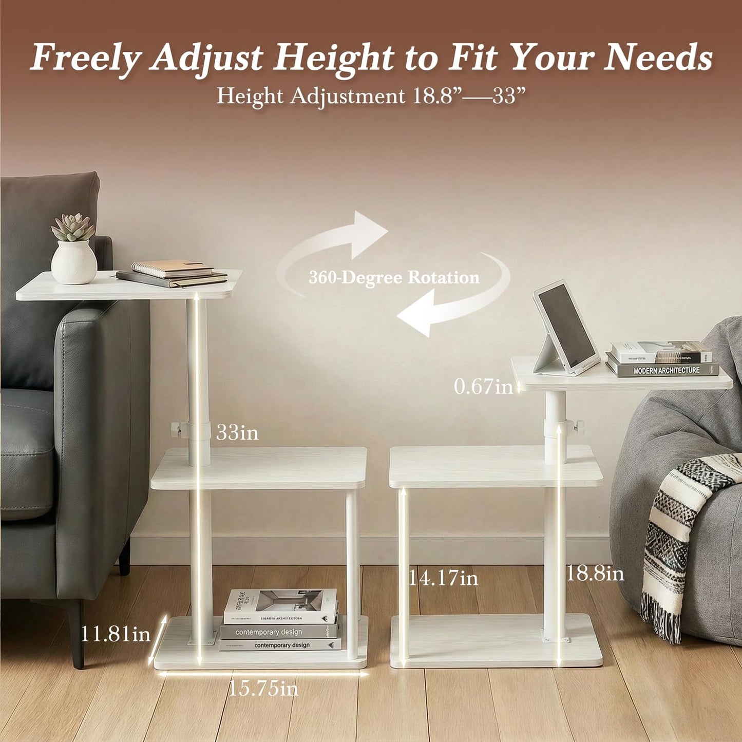 Faesun 360° Swivel Side Table for Height Adjustable, C Shaped End Table for Couch with Storage, 3-Tier Night Stand with Open Shelf, Tv Tray for Small Spaces, Living Room, Bedroom, White