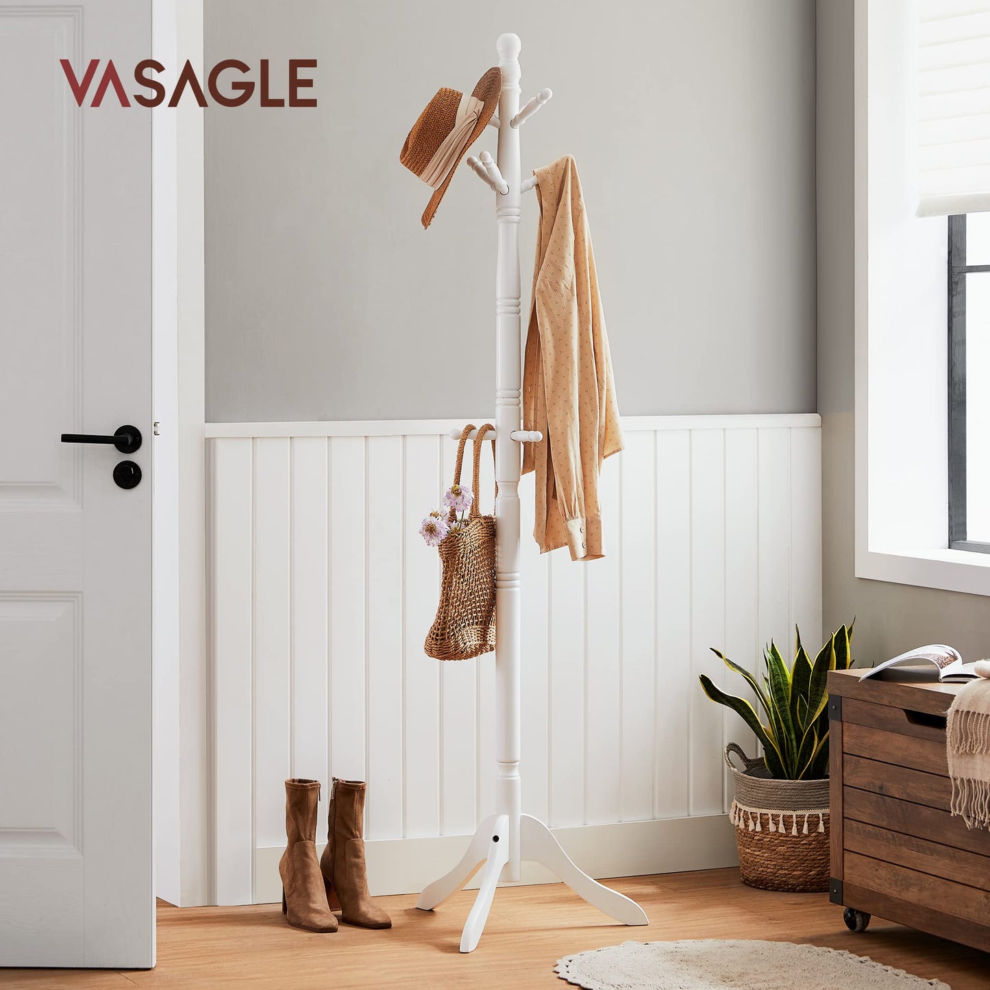 VASAGLE Solid Wood Coat Rack and Stand, Free Standing Hall Coat Tree with 10 Hooks for Hats, Bags, Purses, for Entryway, Hallway, Rubberwood, Cloud White URCR03WT