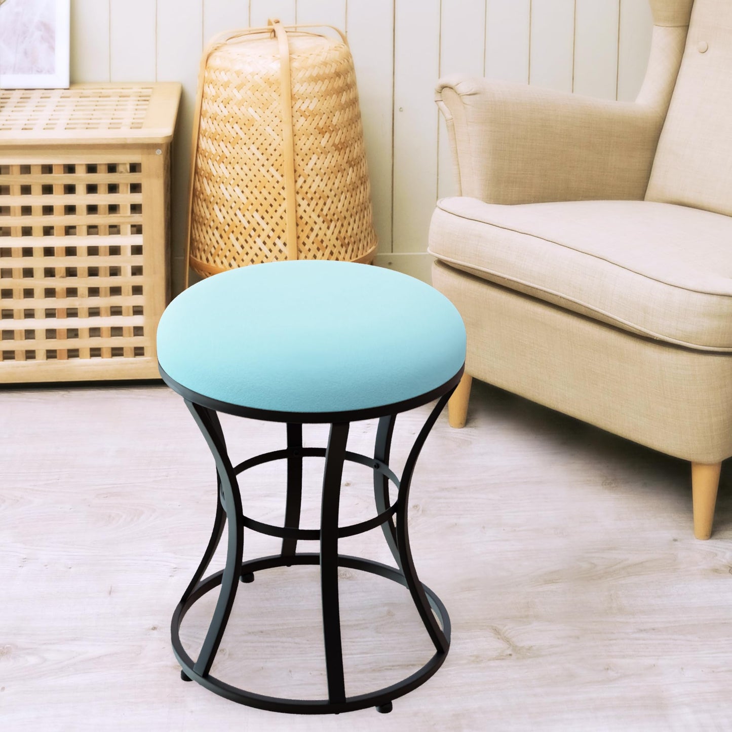 Ellensamqi Multifunctional Vanity Stool - Velvet Footrest Stool-Upholstered Chair Stool -Ottoman Round Modern Dressing Chair - with Blacken Metal Leg for Bedroom (Blue)