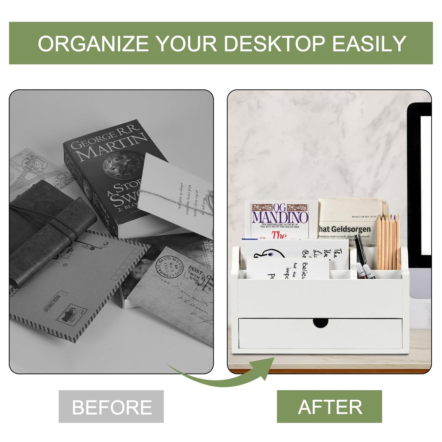 Desk Organizer with Drawer Wood File Office Mail Organizer Countertop-5 Slot Tabletop Storage Pen Organizer Letter Holder for School Home Office Supplies (White)
