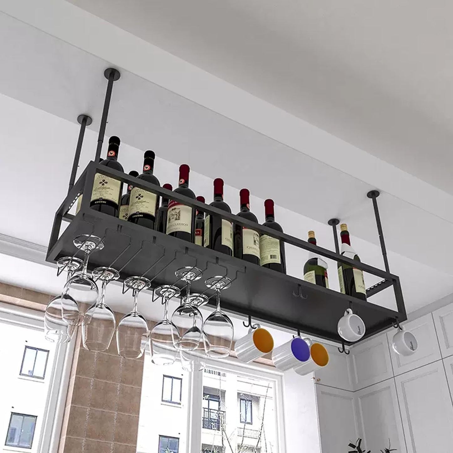 MSHOSAC Modern Metal Ceiling Wine Bottle Rack, Floating Shelf for Home Bar Display, Wall-Mounted Wine Glass & Bottle Holder, Cafe Style Storage nizer (Black, 60cm)