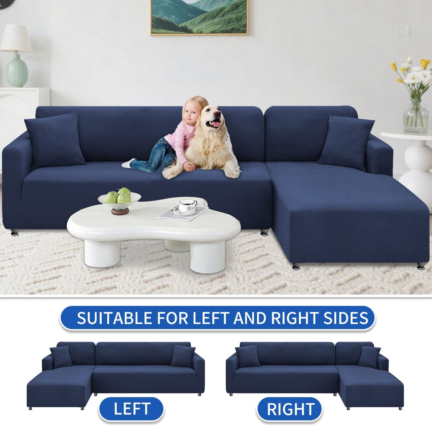 XINEAGE Sectional Couch Cover High Stretch L Shaped Sofa Cover 2 Pieces Non Slip Slipcover with Chaise Furniture Protector with 2 Pillowcases for Pets & Dogs (3 Seat Sofa + 3 Seat Chaise, Navy Blue)
