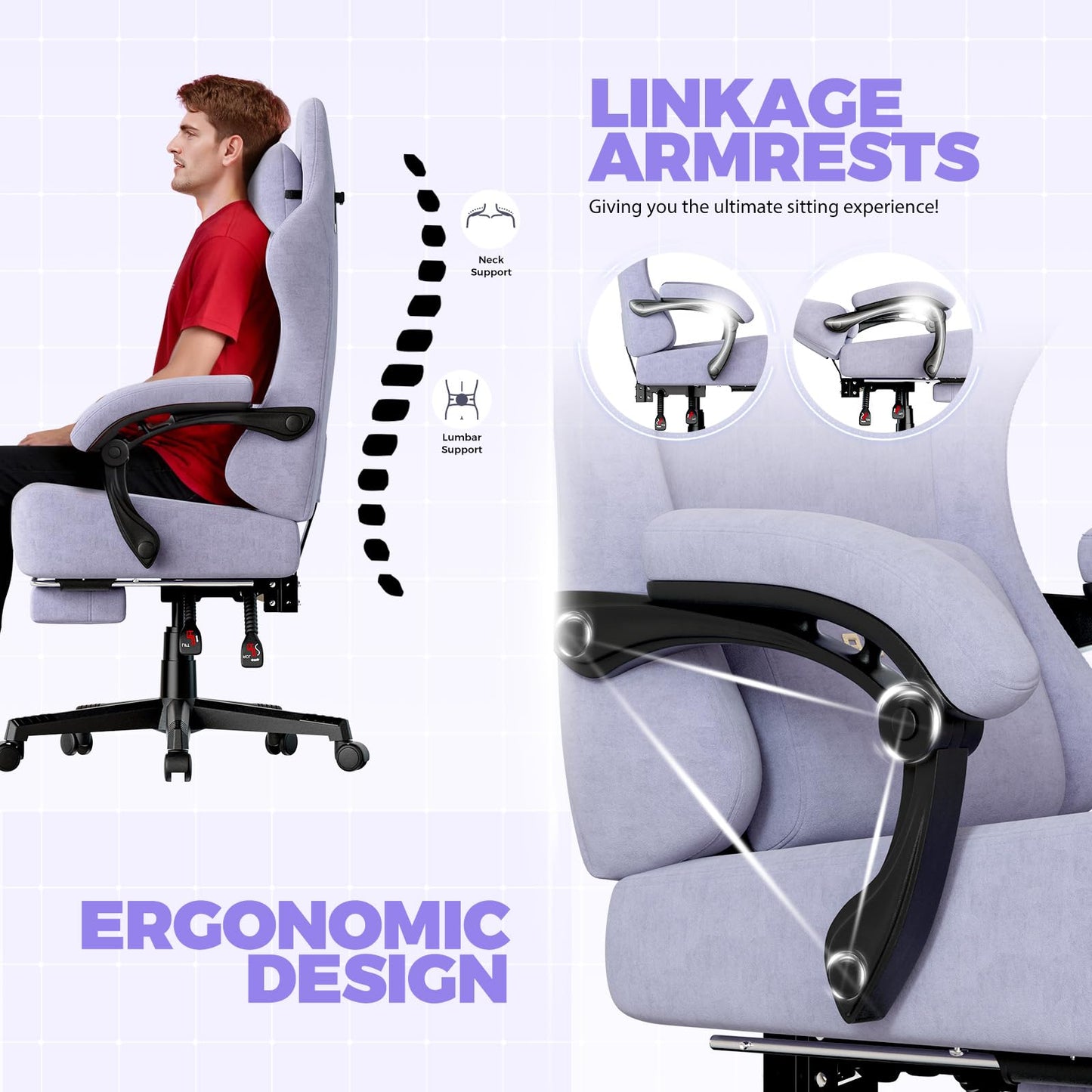 GTPLAYER Big and Tall Gaming Chair 400lbs Heavy Duty Office Chair with Foot Rest, High Back Pocket Spring Ergonomic Computer Chair for Adults, Wide Seated Cushion with Linkage Armrests, Macaron Purple